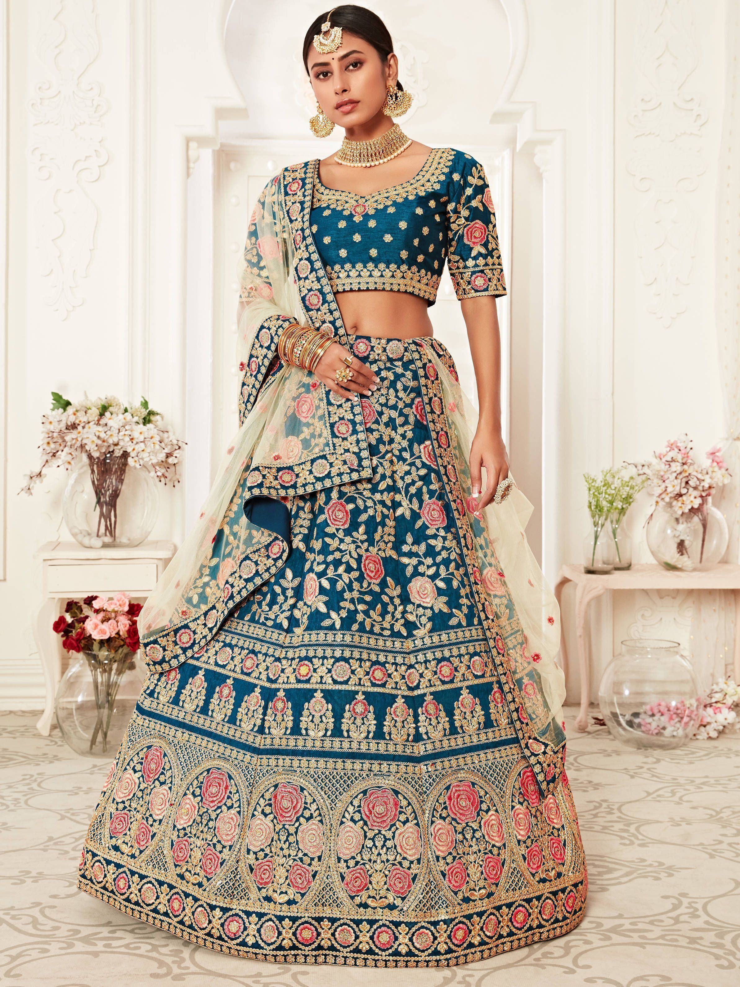 Blue Rose Embroidered Silk Bridal Lehenga Choli Festive Collection