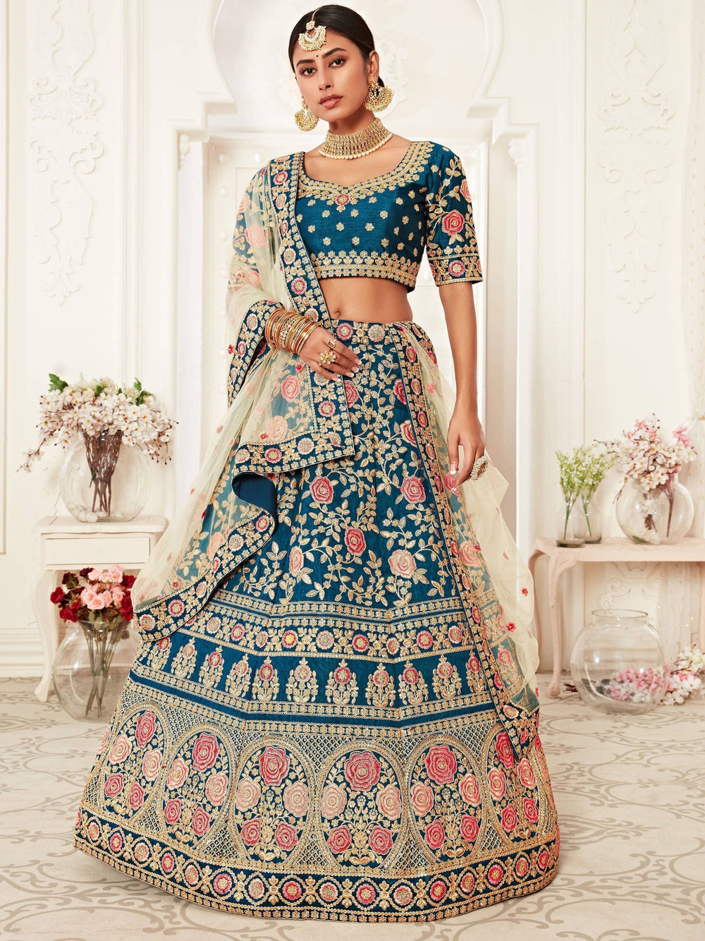 Blue Rose Embroidered Silk Bridal Lehenga Choli Festive Collection