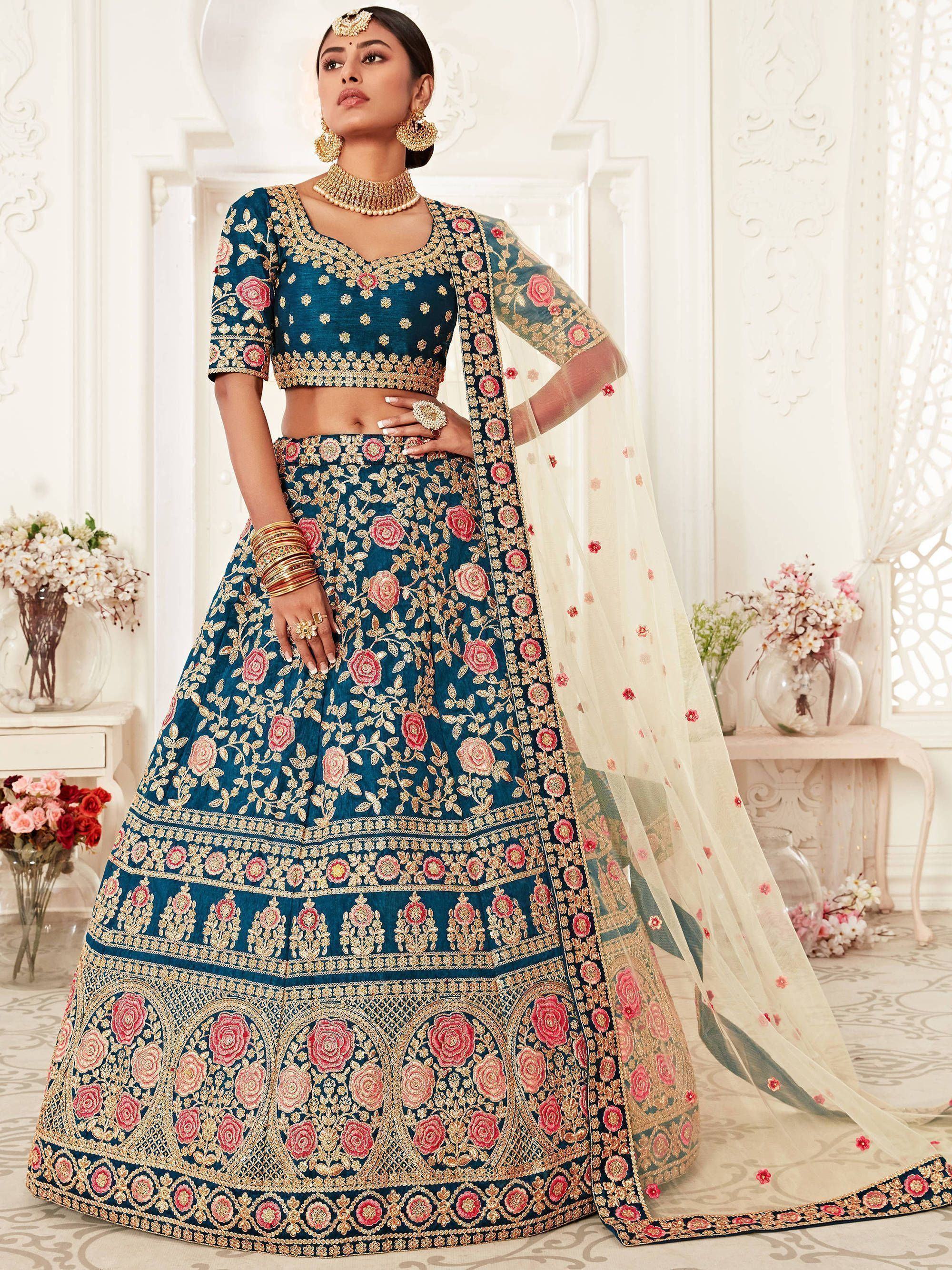 Blue Rose Embroidered Silk Bridal Lehenga Choli Festive Collection