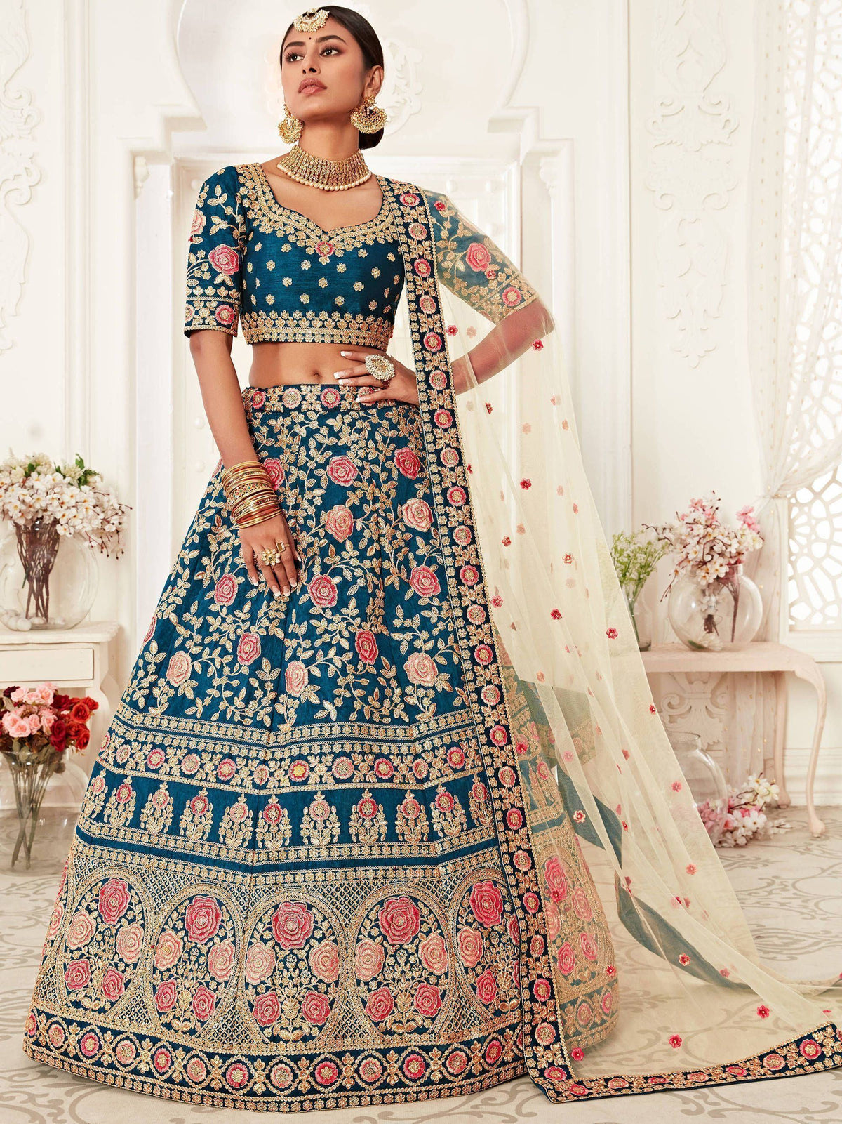Blue Rose Embroidered Silk Bridal Lehenga Choli Festive Collection