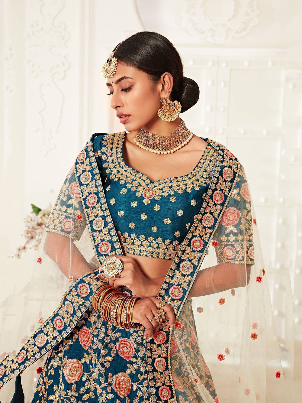 Blue Rose Embroidered Silk Bridal Lehenga Choli Festive Collection