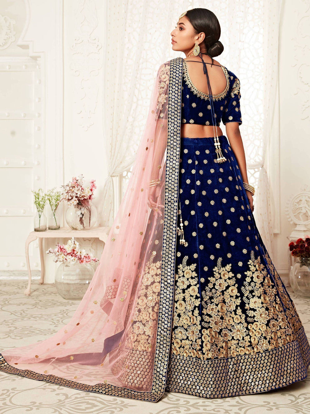 Navy Blue Thread Embroidered Bridal Lehenga Choli Ethnic Collection