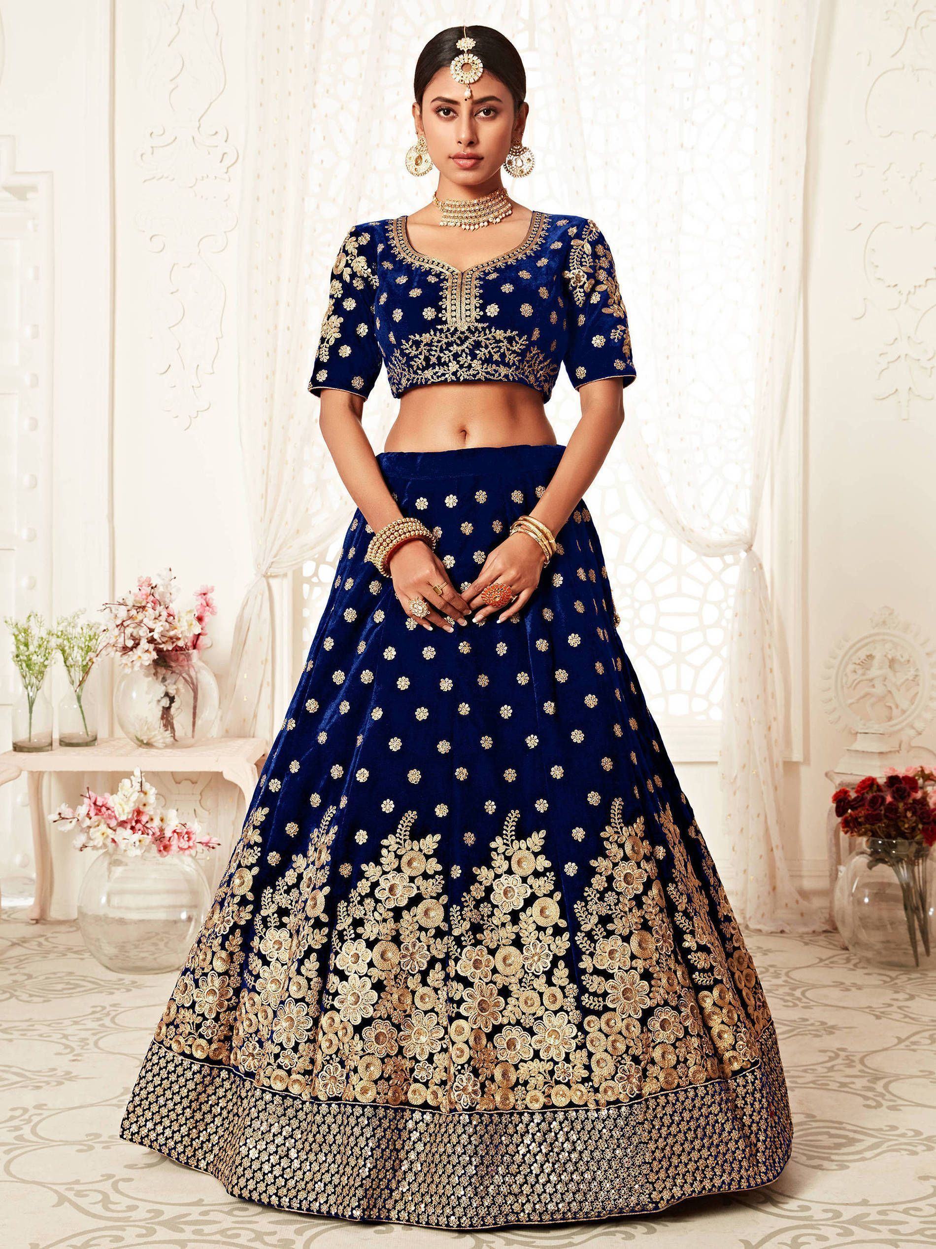 Navy Blue Thread Embroidered Bridal Lehenga Choli Ethnic Collection