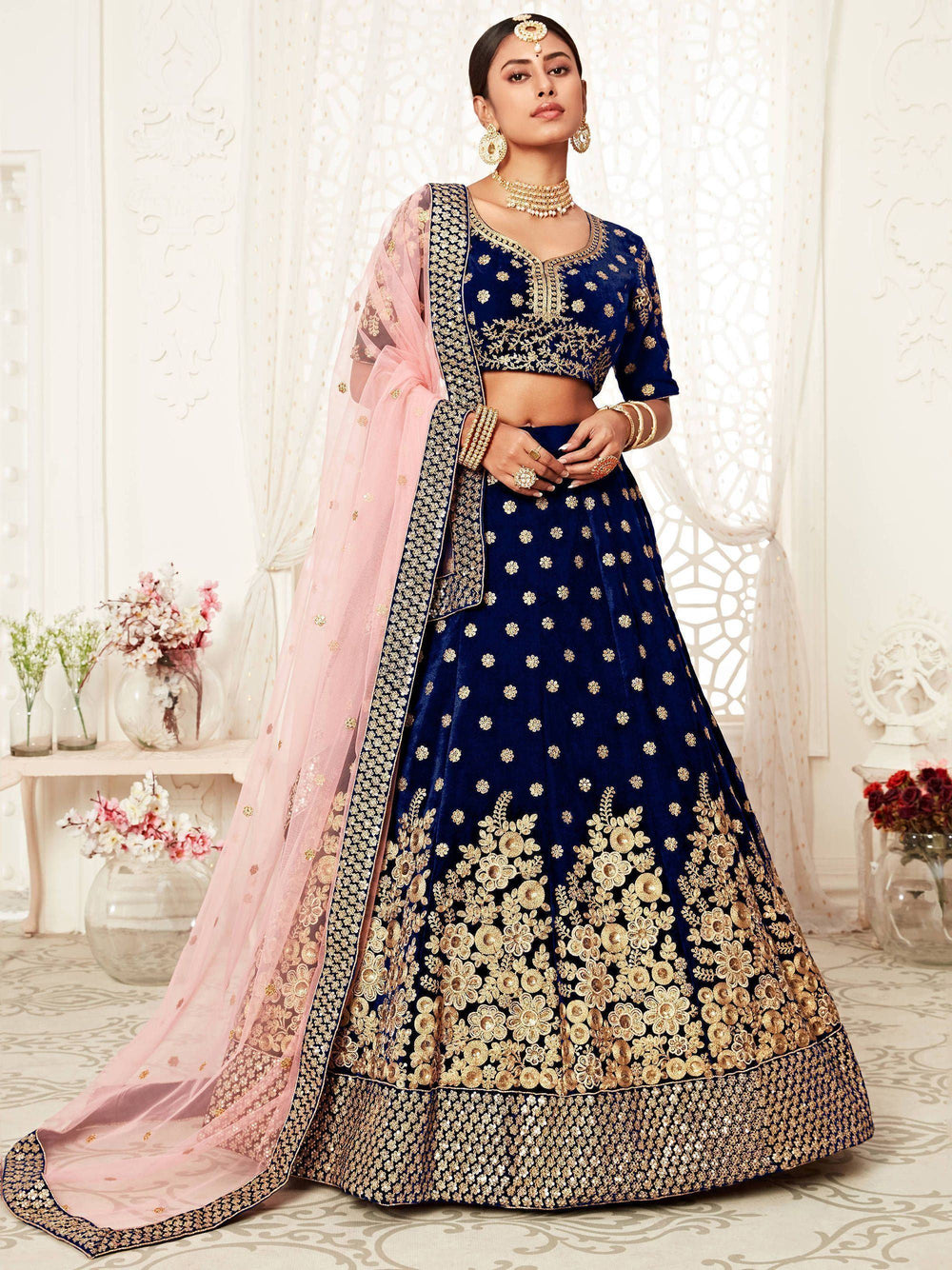 Navy Blue Thread Embroidered Bridal Lehenga Choli Ethnic Collection