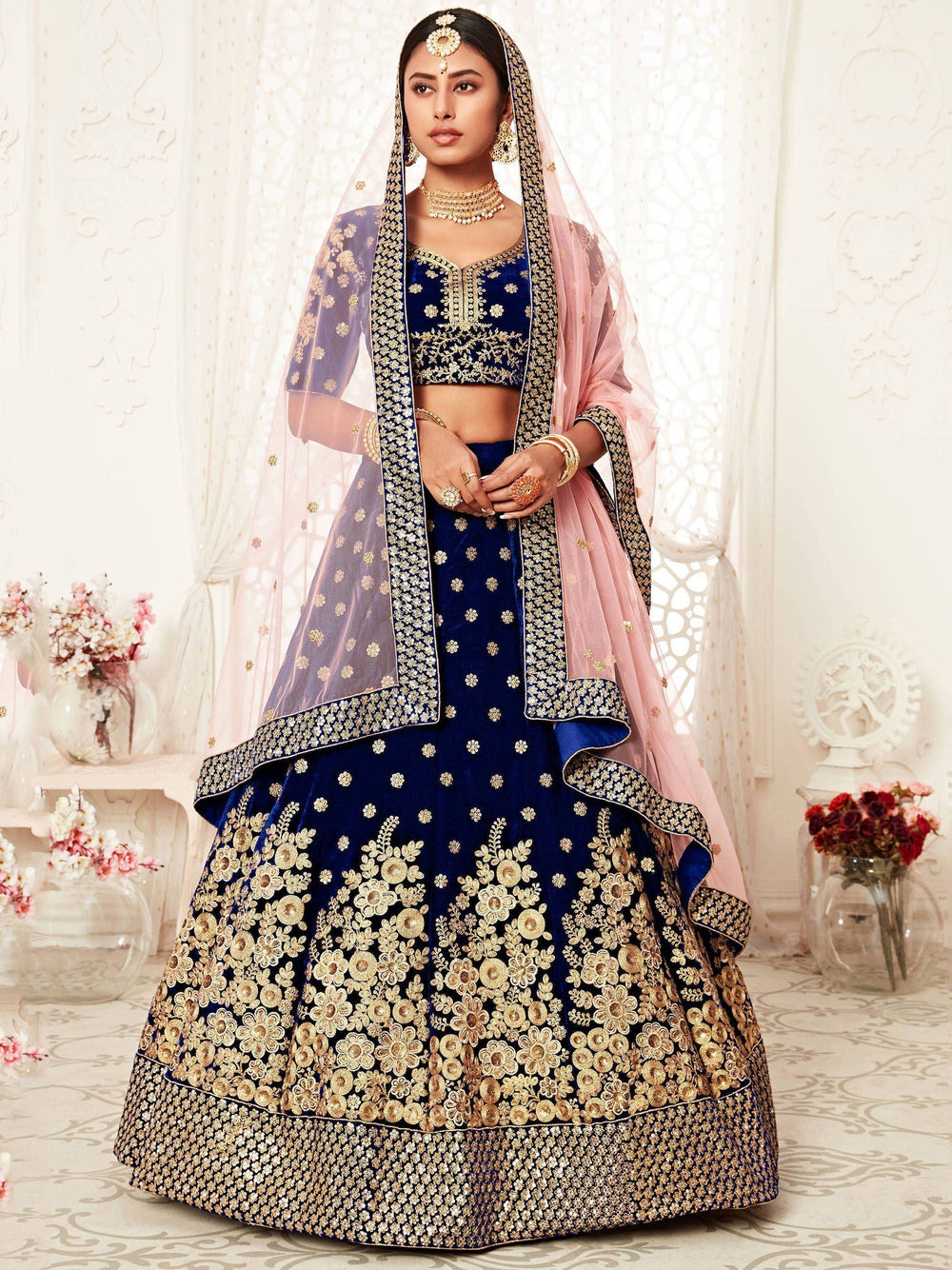 Navy Blue Thread Embroidered Bridal Lehenga Choli Ethnic Collection