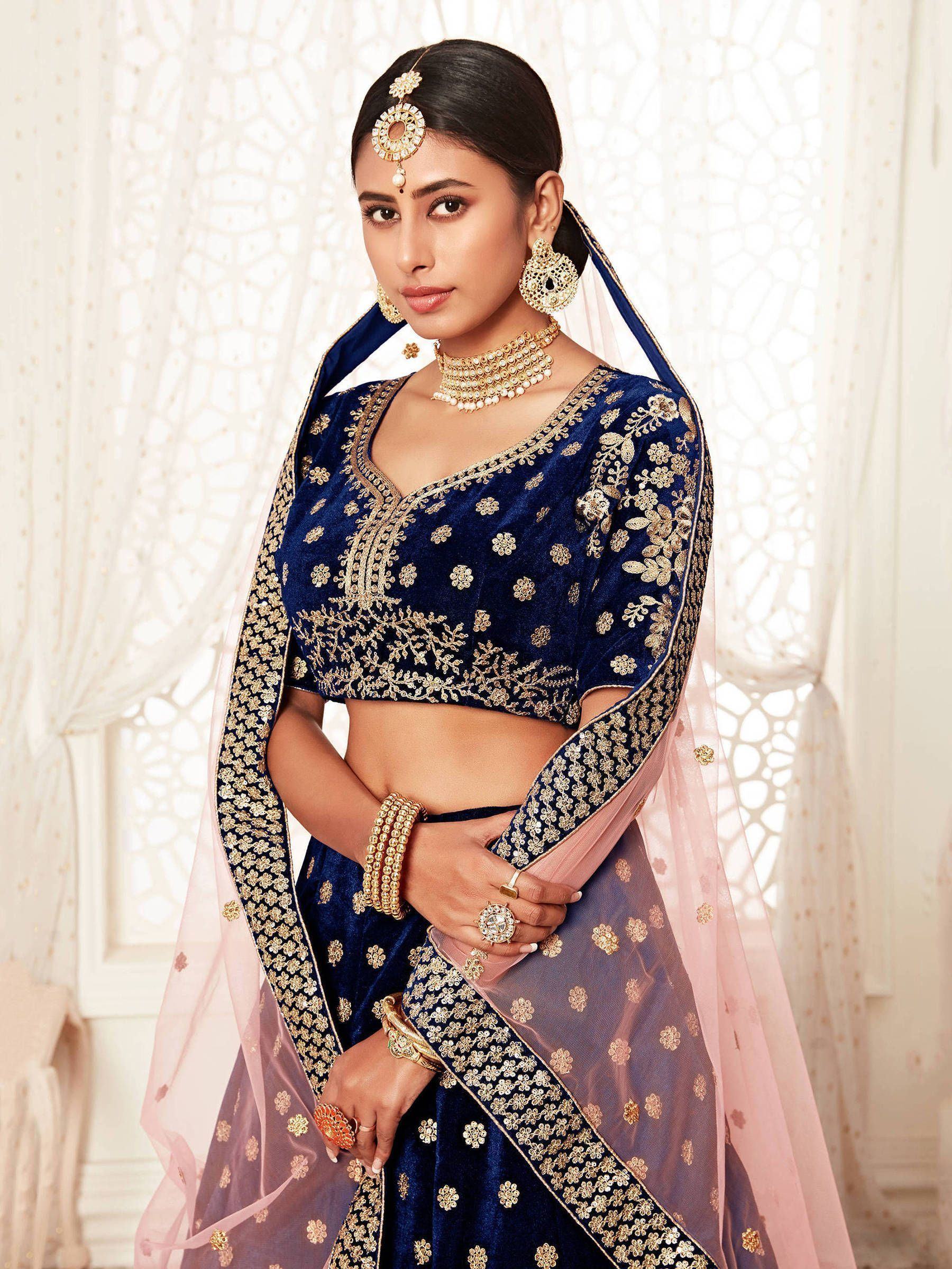 Navy Blue Thread Embroidered Bridal Lehenga Choli Ethnic Collection