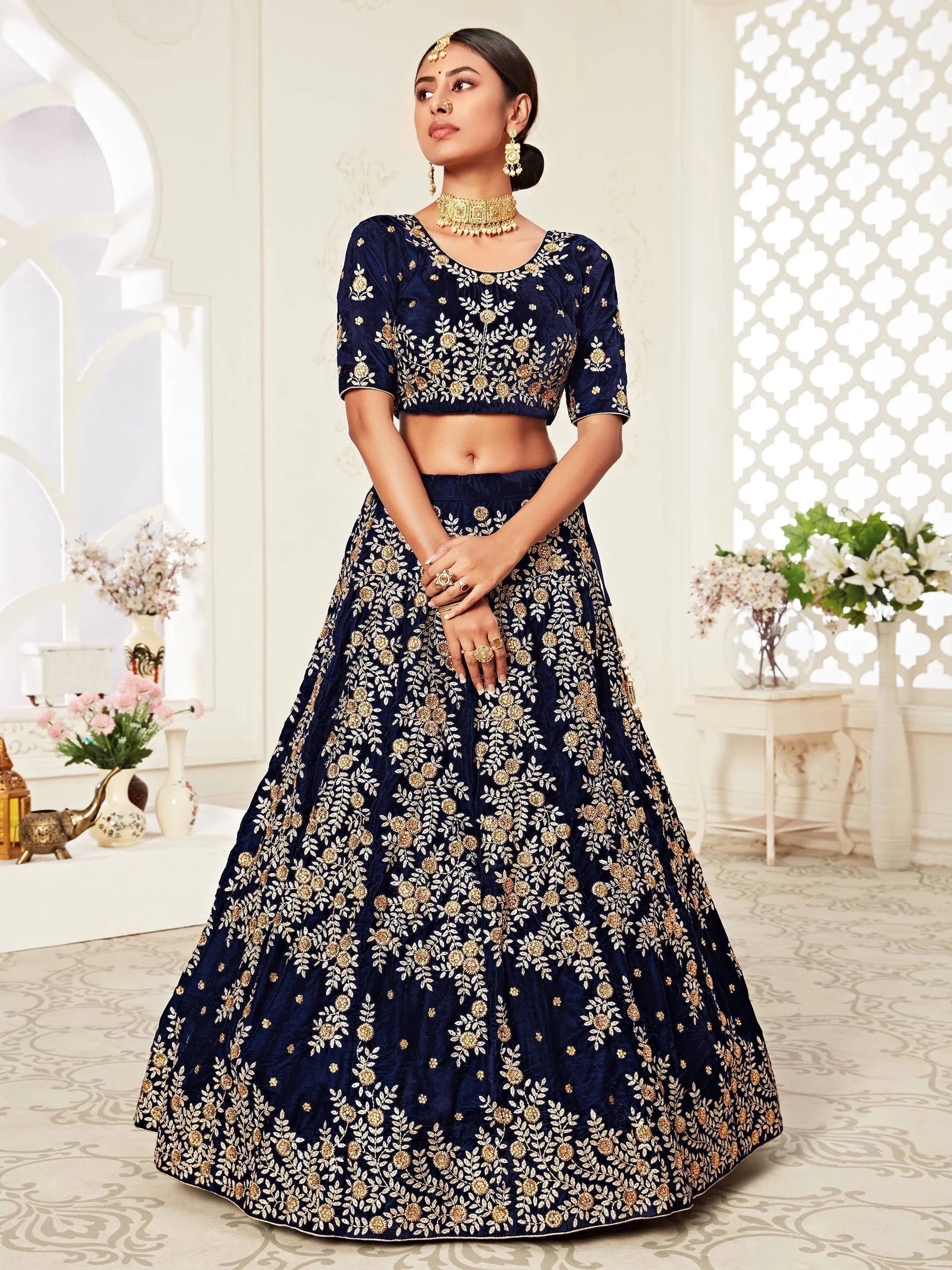 Velvet lehenga choli with embroidery and sequins work for wedding and reception