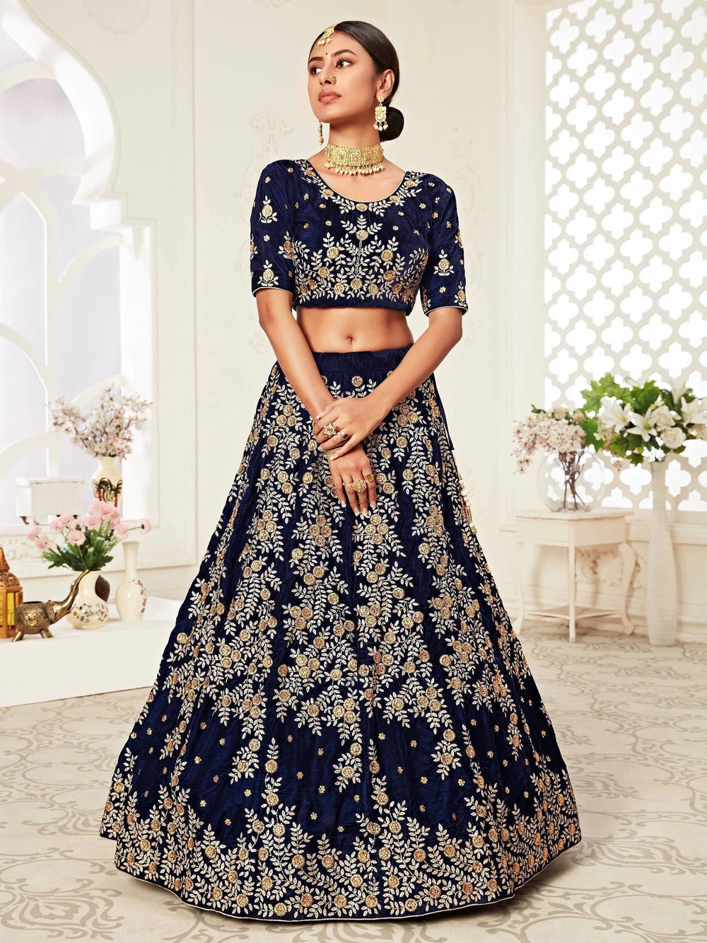 Velvet lehenga choli with embroidery and sequins work for wedding and reception