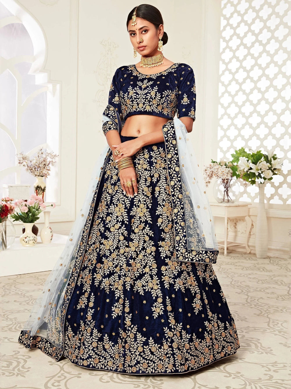 Velvet lehenga choli with embroidery and sequins work for wedding and reception