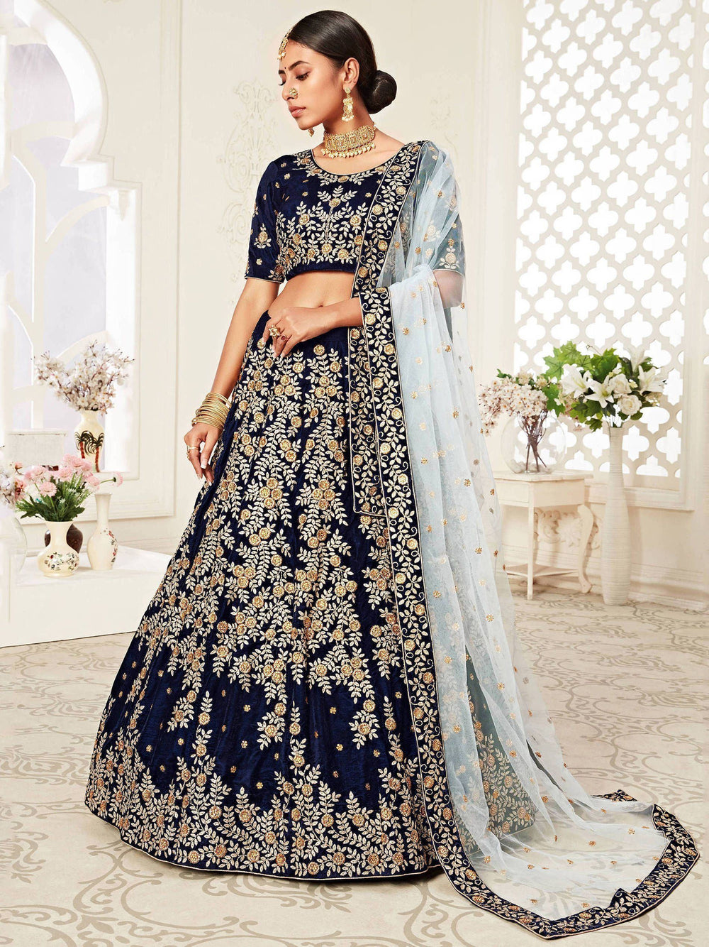 Velvet lehenga choli with embroidery and sequins work for wedding and reception