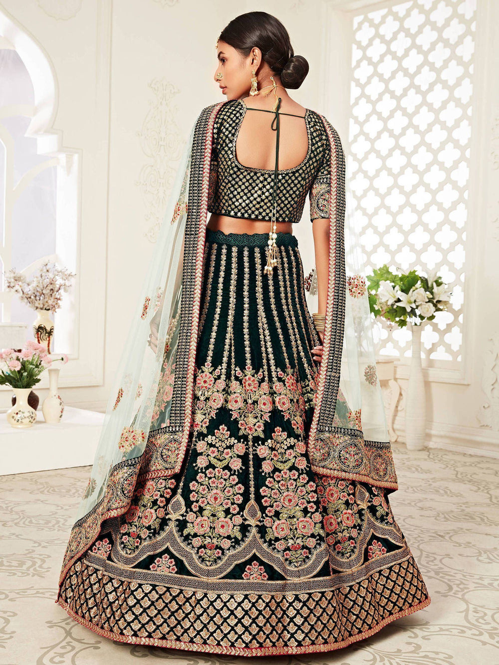 Green Floral Embroidered Velvet Bridal Lehenga Choli for Women