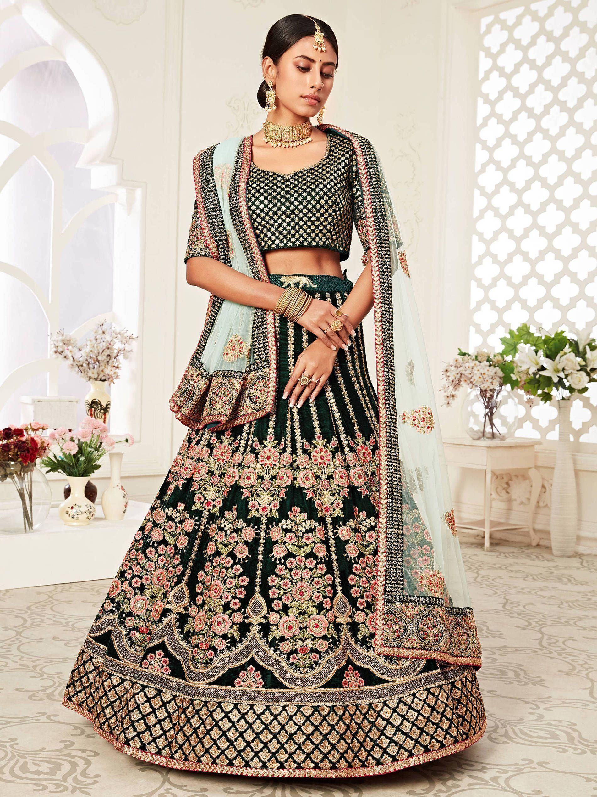 Green Floral Embroidered Velvet Bridal Lehenga Choli for Women