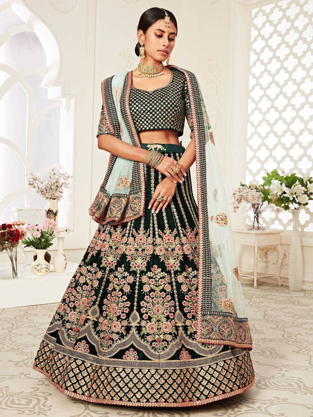 Green Floral Embroidered Velvet Bridal Lehenga Choli for Women