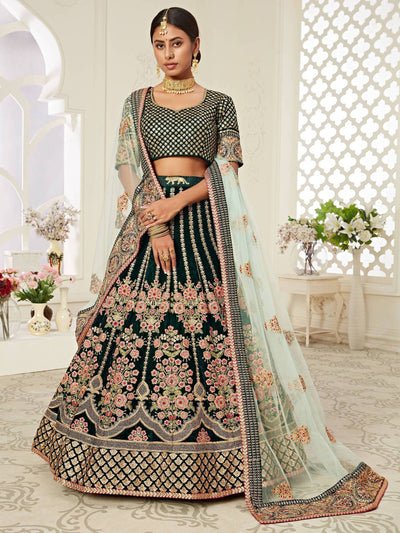 Green Floral Embroidered Velvet Bridal Lehenga Choli for Women