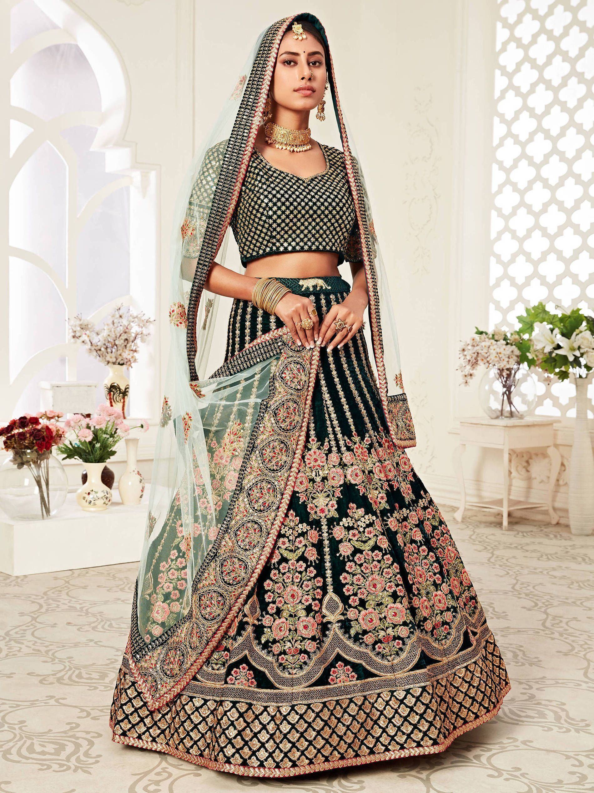 Green Floral Embroidered Velvet Bridal Lehenga Choli for Women