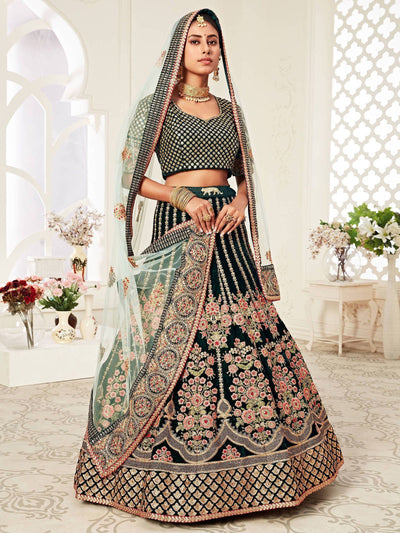 Green Floral Embroidered Velvet Bridal Lehenga Choli for Women