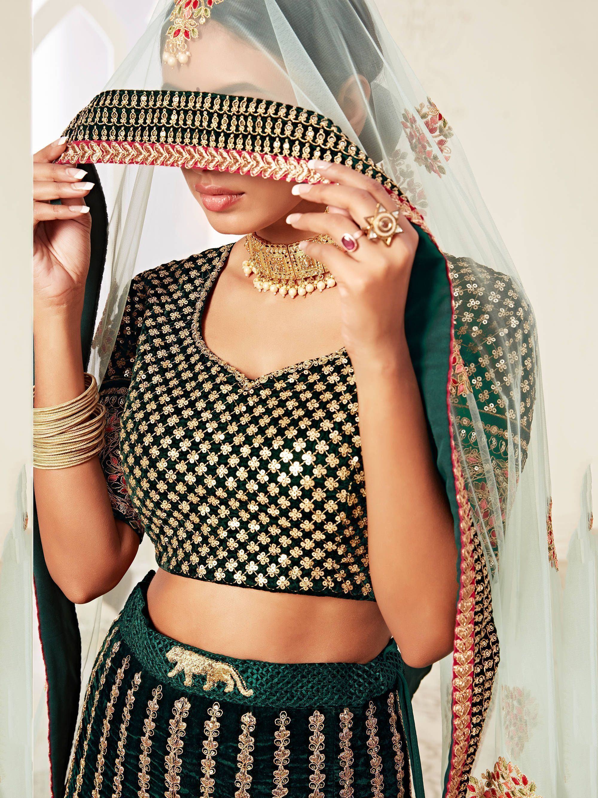Green Floral Embroidered Velvet Bridal Lehenga Choli for Women