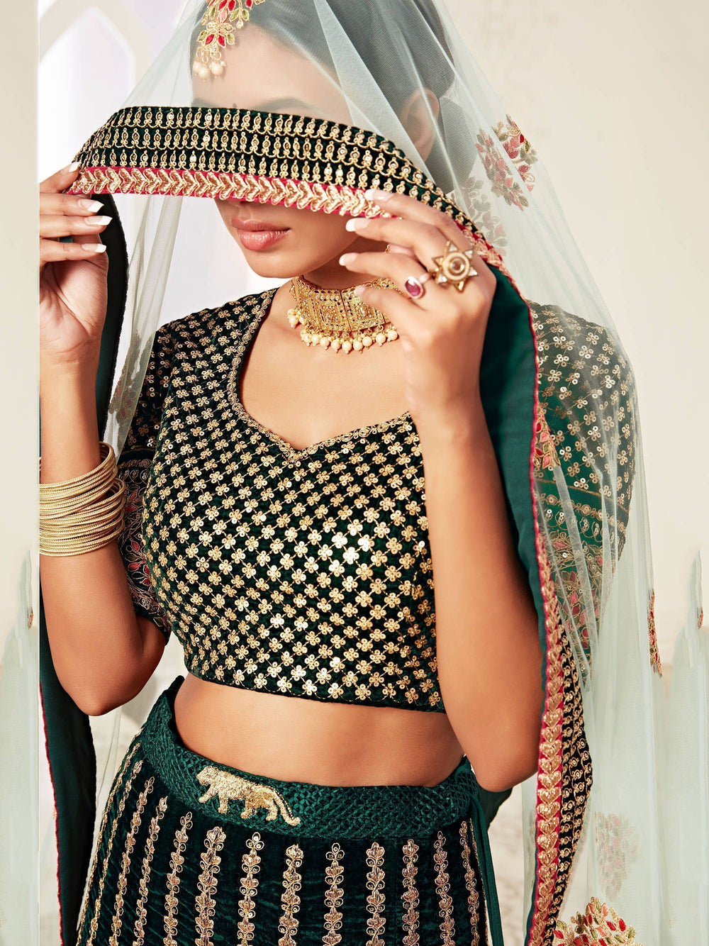 Green Floral Embroidered Velvet Bridal Lehenga Choli for Women