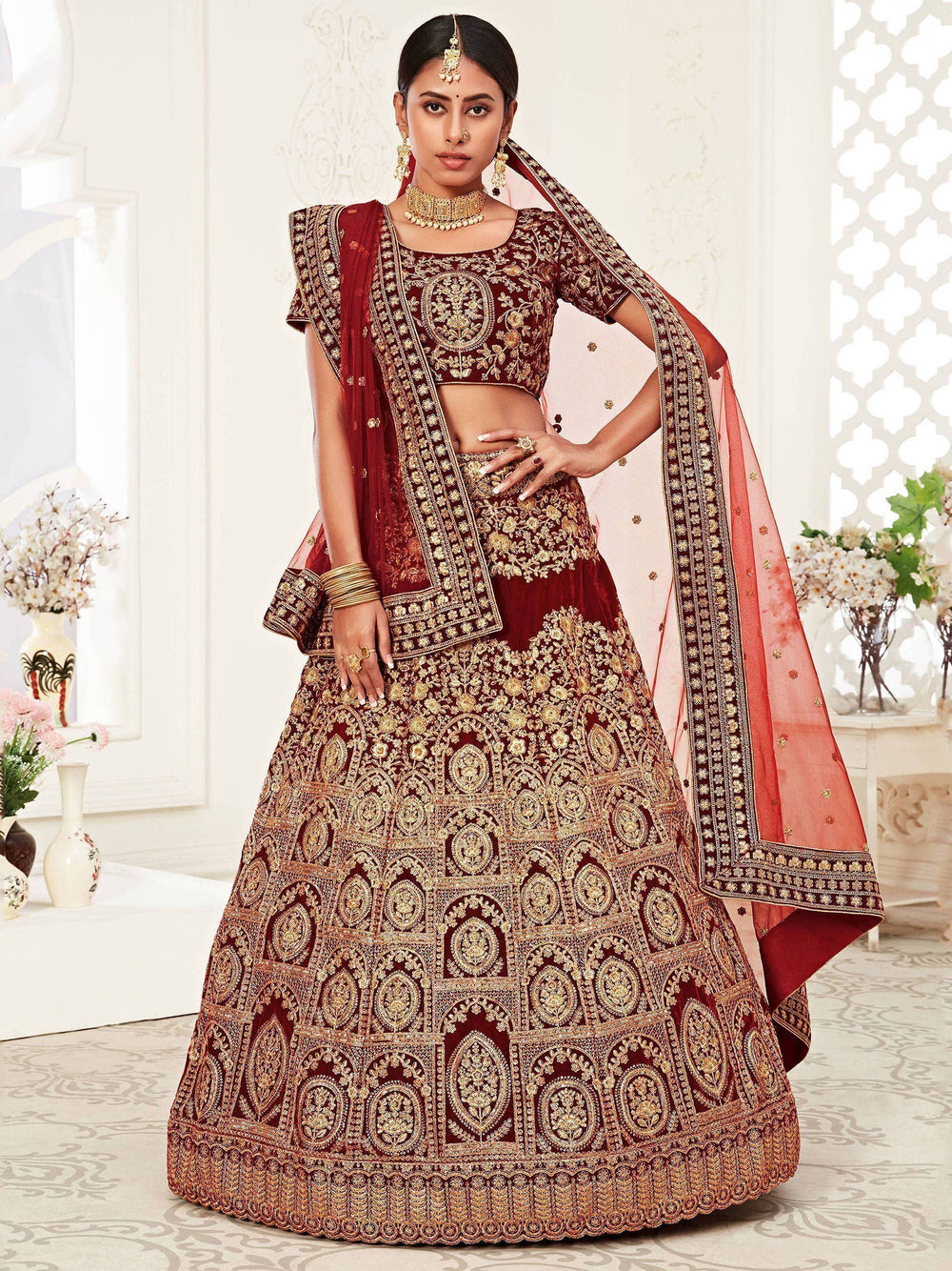 Heavy embroidered velvet bridal lehenga choli with sequins stone work for wedding