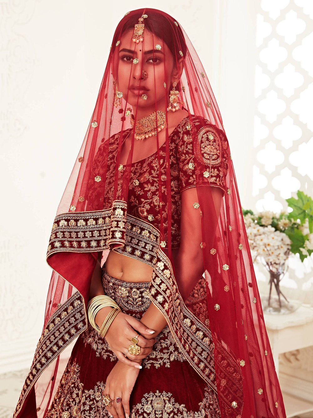 Heavy embroidered velvet bridal lehenga choli with sequins stone work for wedding