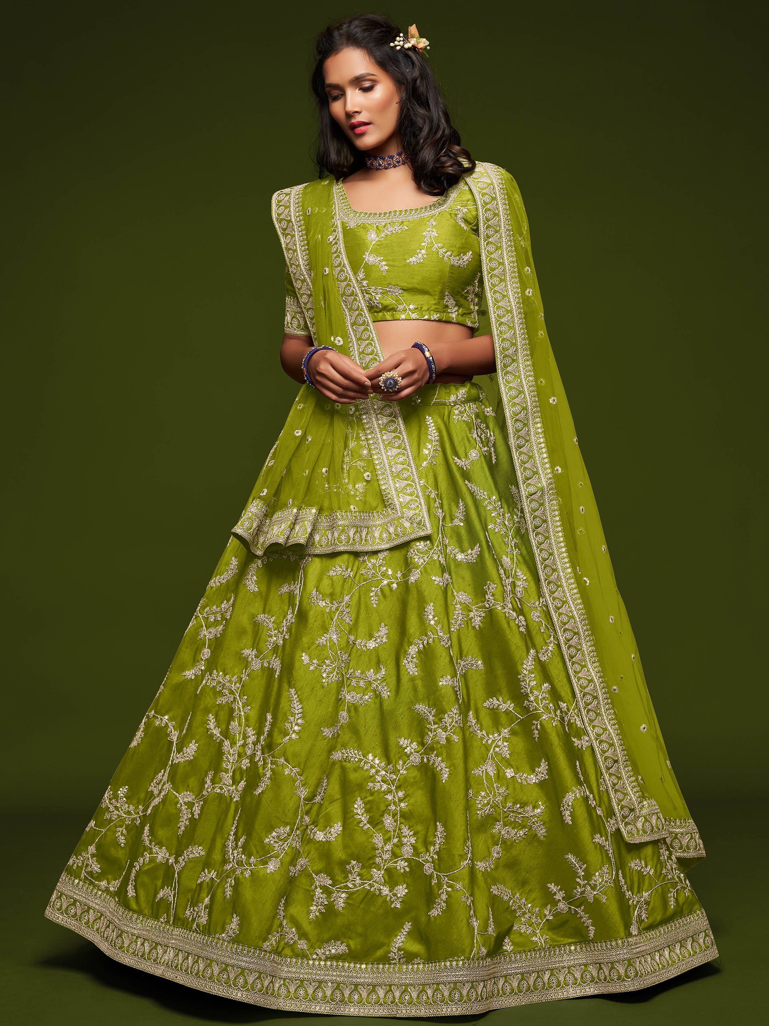 Neon Green Thread Embroidered Art Silk Wedding Lehenga Choli for Women