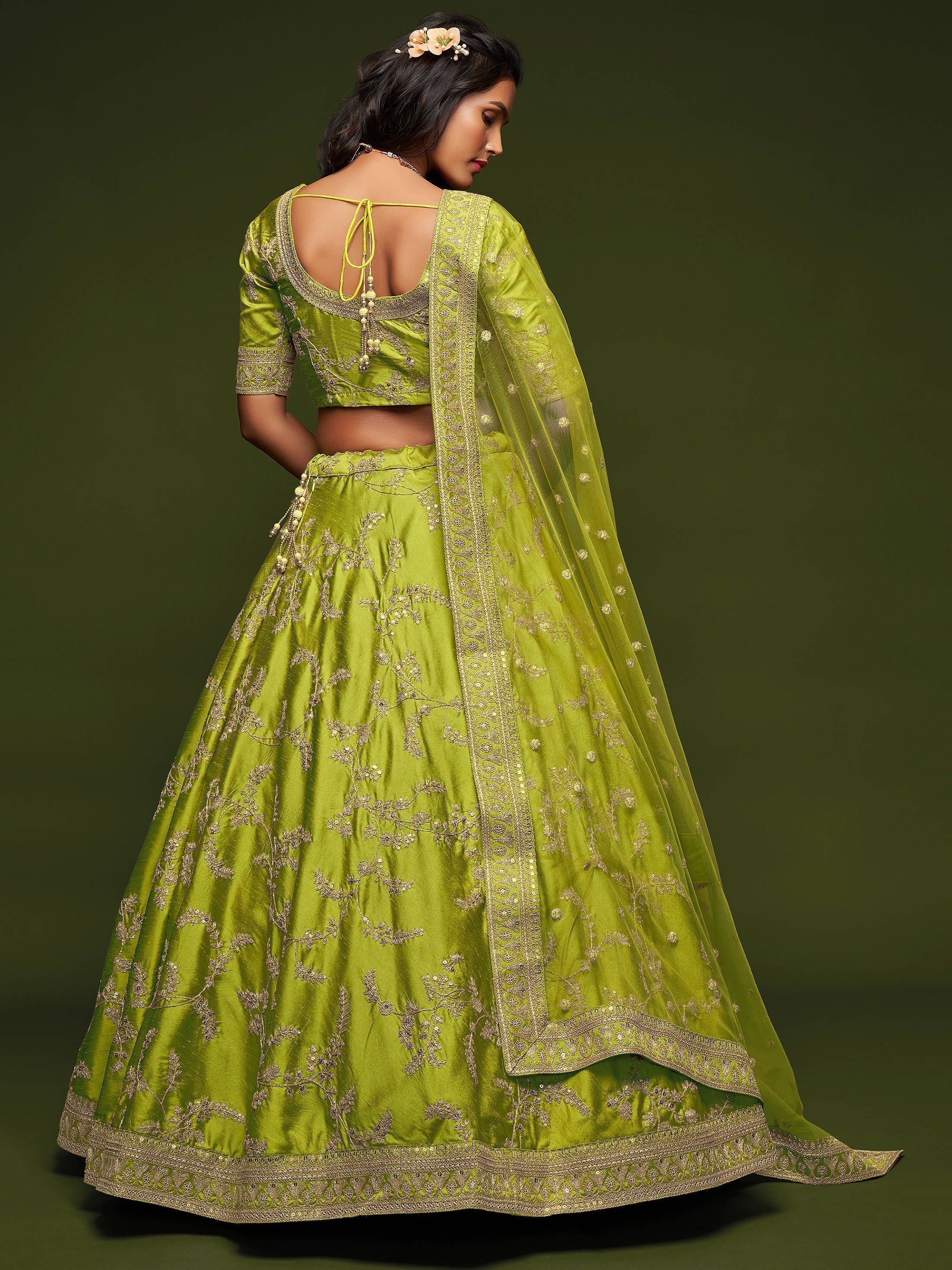 Neon Green Thread Embroidered Art Silk Wedding Lehenga Choli for Women