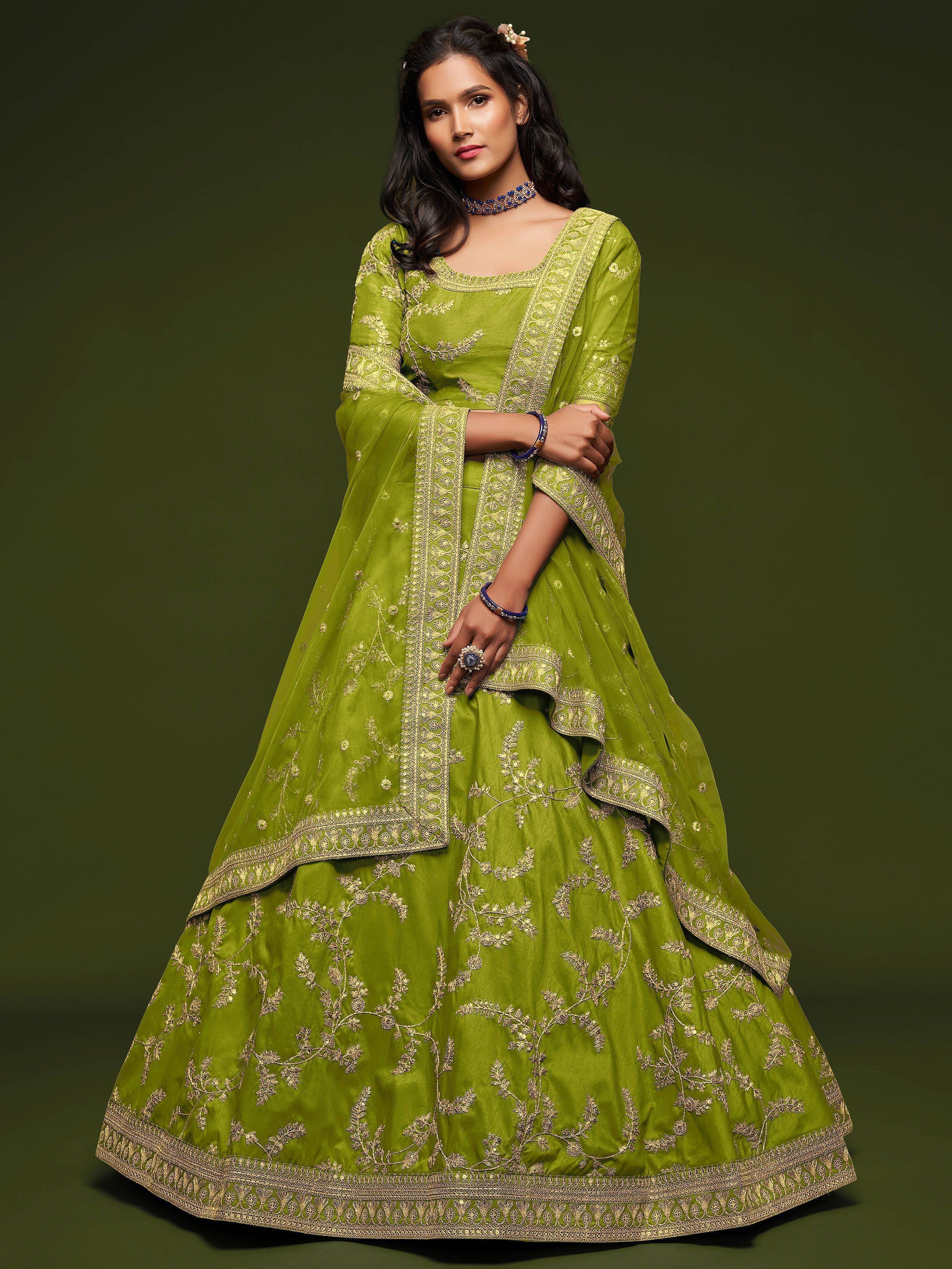 Neon Green Thread Embroidered Art Silk Wedding Lehenga Choli for Women