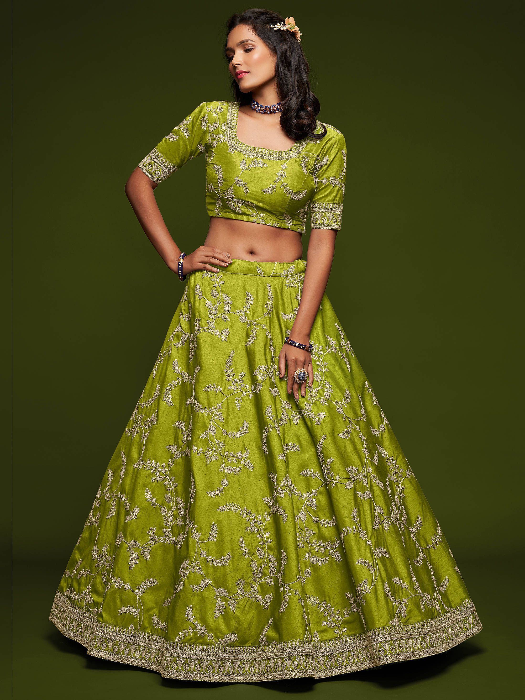 Neon Green Thread Embroidered Art Silk Wedding Lehenga Choli for Women