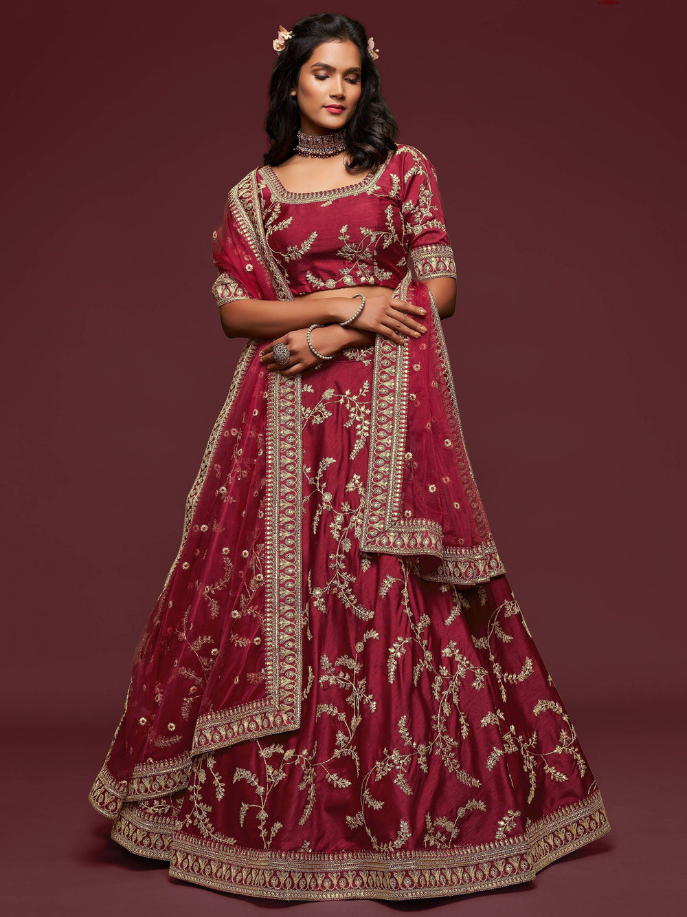 Maroon Thread Embroidered Art Silk Wedding Lehenga Choli for Women