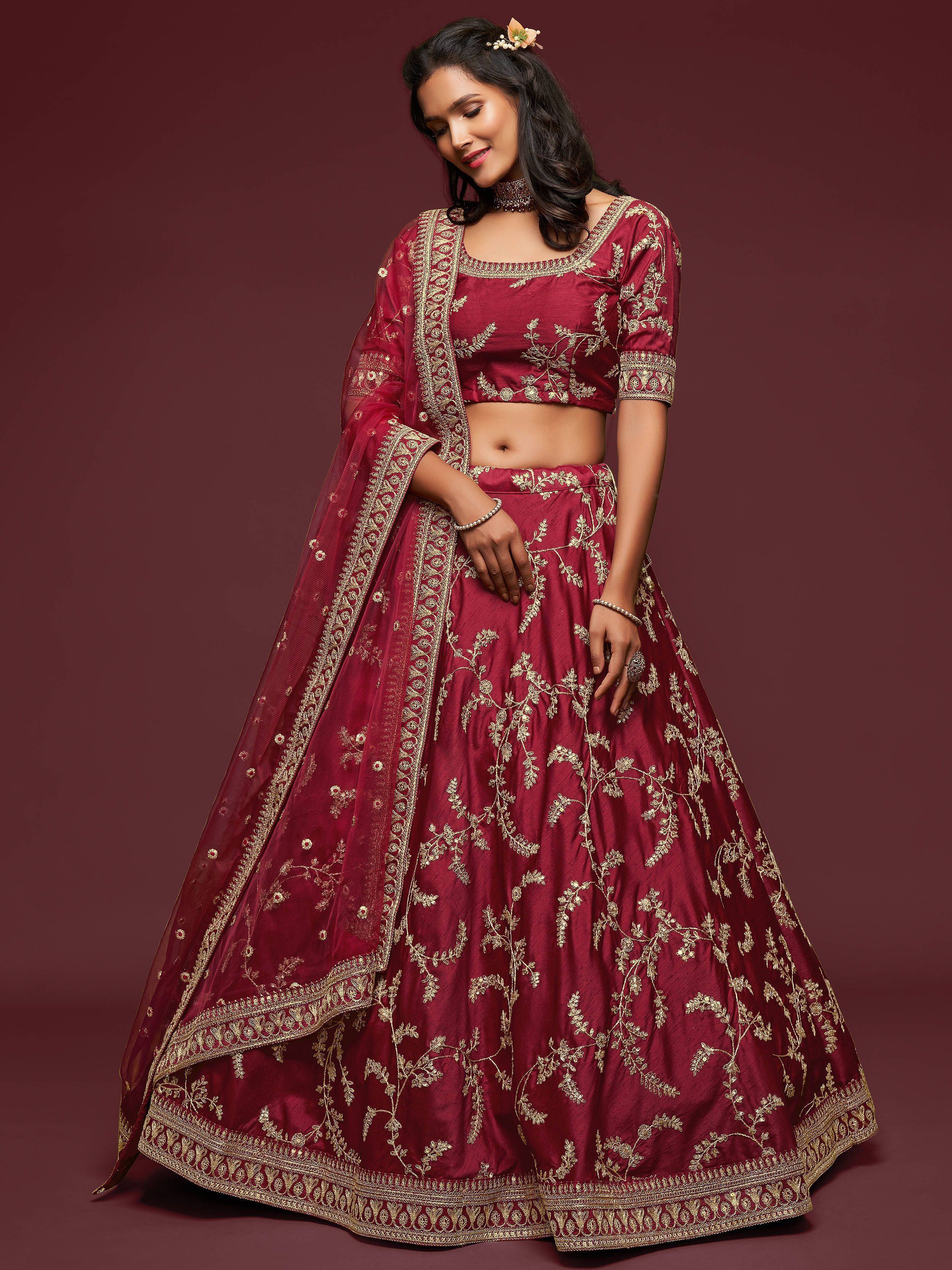 Maroon Thread Embroidered Art Silk Wedding Lehenga Choli for Women