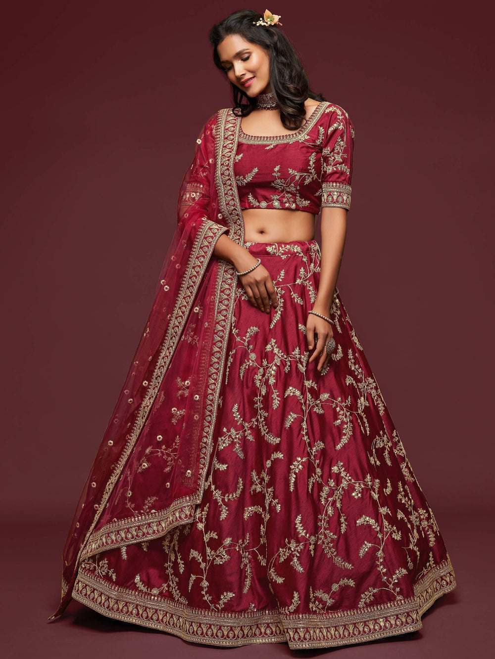 Maroon Thread Embroidered Art Silk Wedding Lehenga Choli for Women