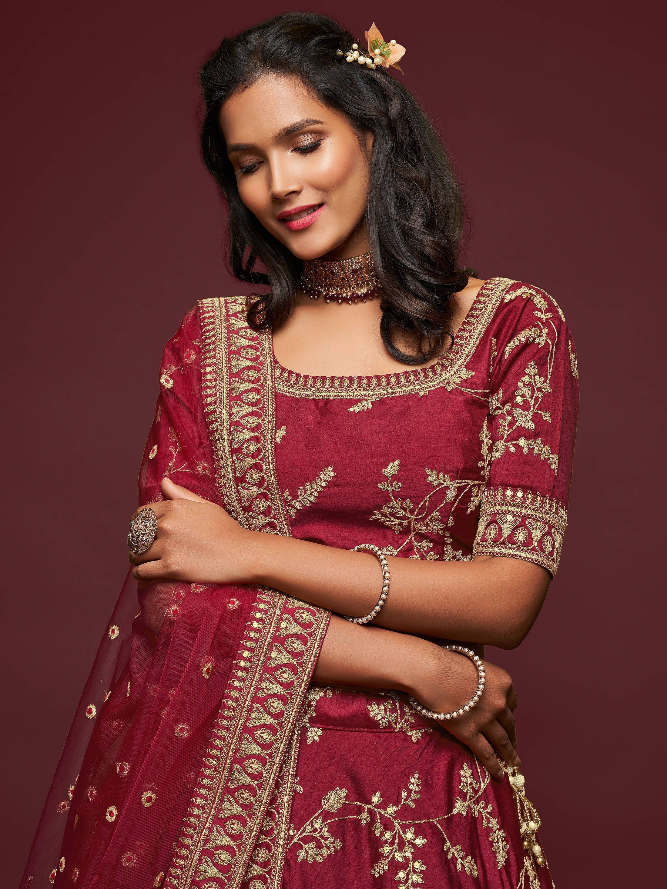 Maroon Thread Embroidered Art Silk Wedding Lehenga Choli for Women
