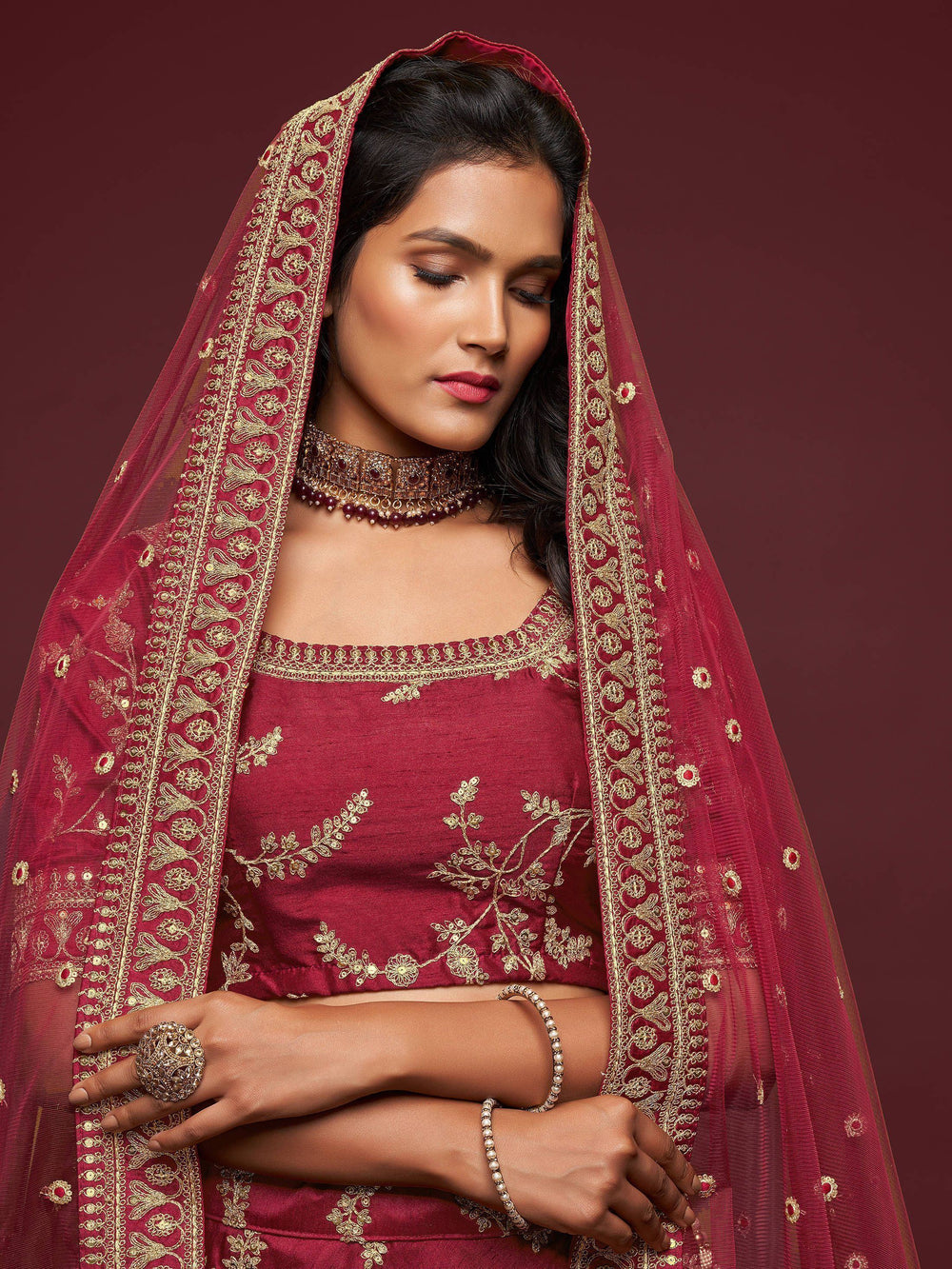 Maroon Thread Embroidered Art Silk Wedding Lehenga Choli for Women