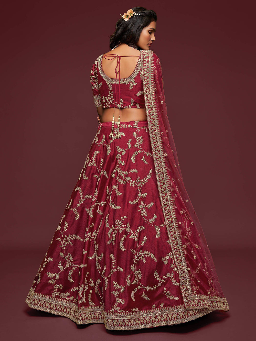 Maroon Thread Embroidered Art Silk Wedding Lehenga Choli for Women