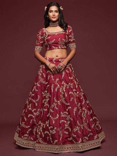 Maroon Thread Embroidered Art Silk Wedding Lehenga Choli for Women