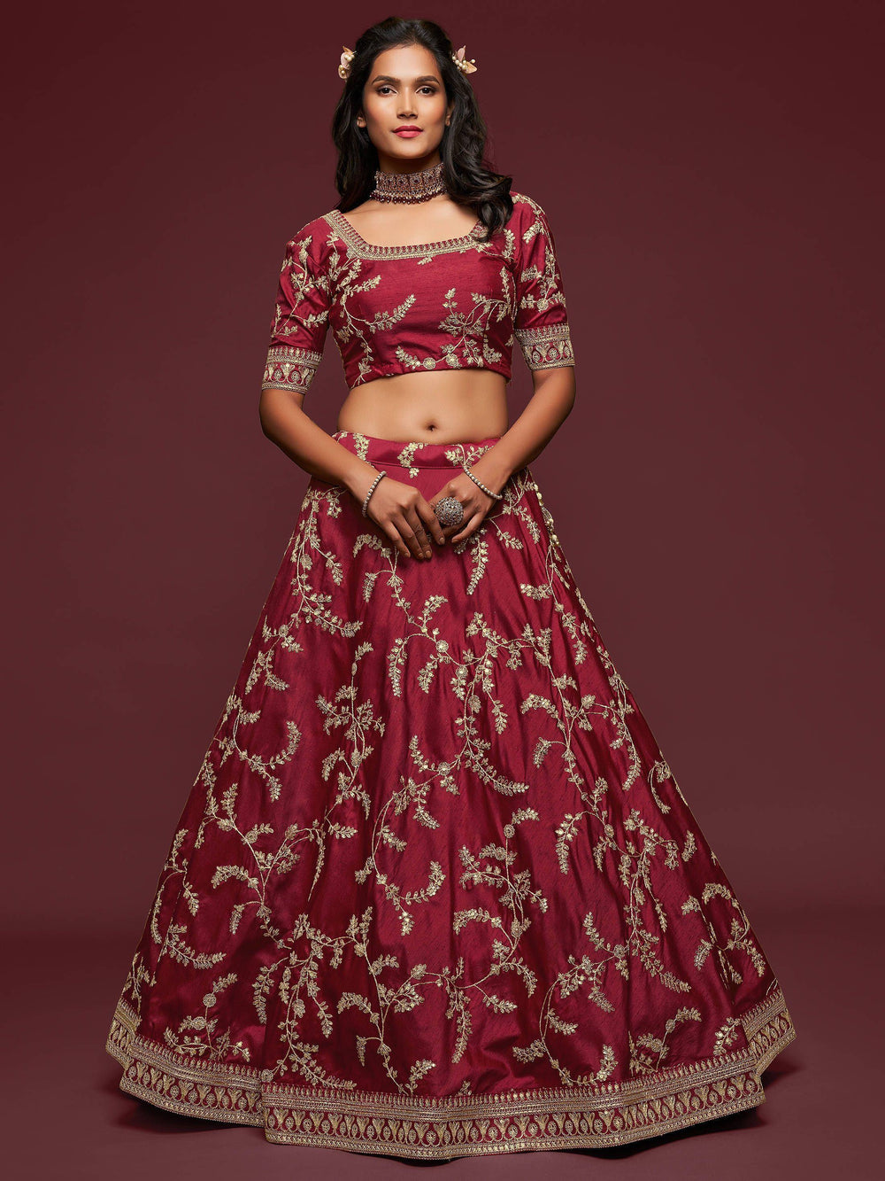Maroon Thread Embroidered Art Silk Wedding Lehenga Choli for Women