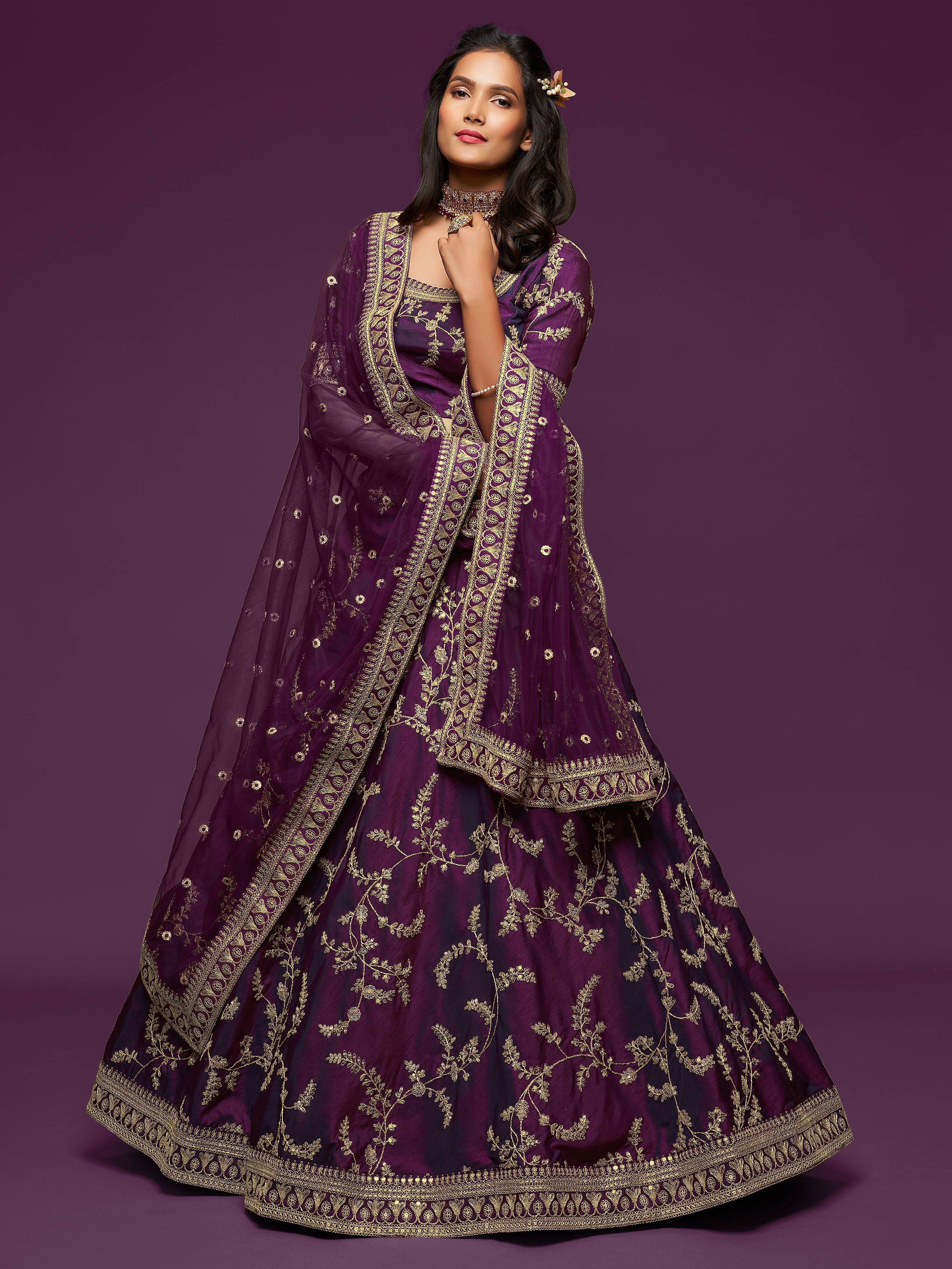 Purple Thread Embroidered Art Silk Wedding Lehenga Choli for Women