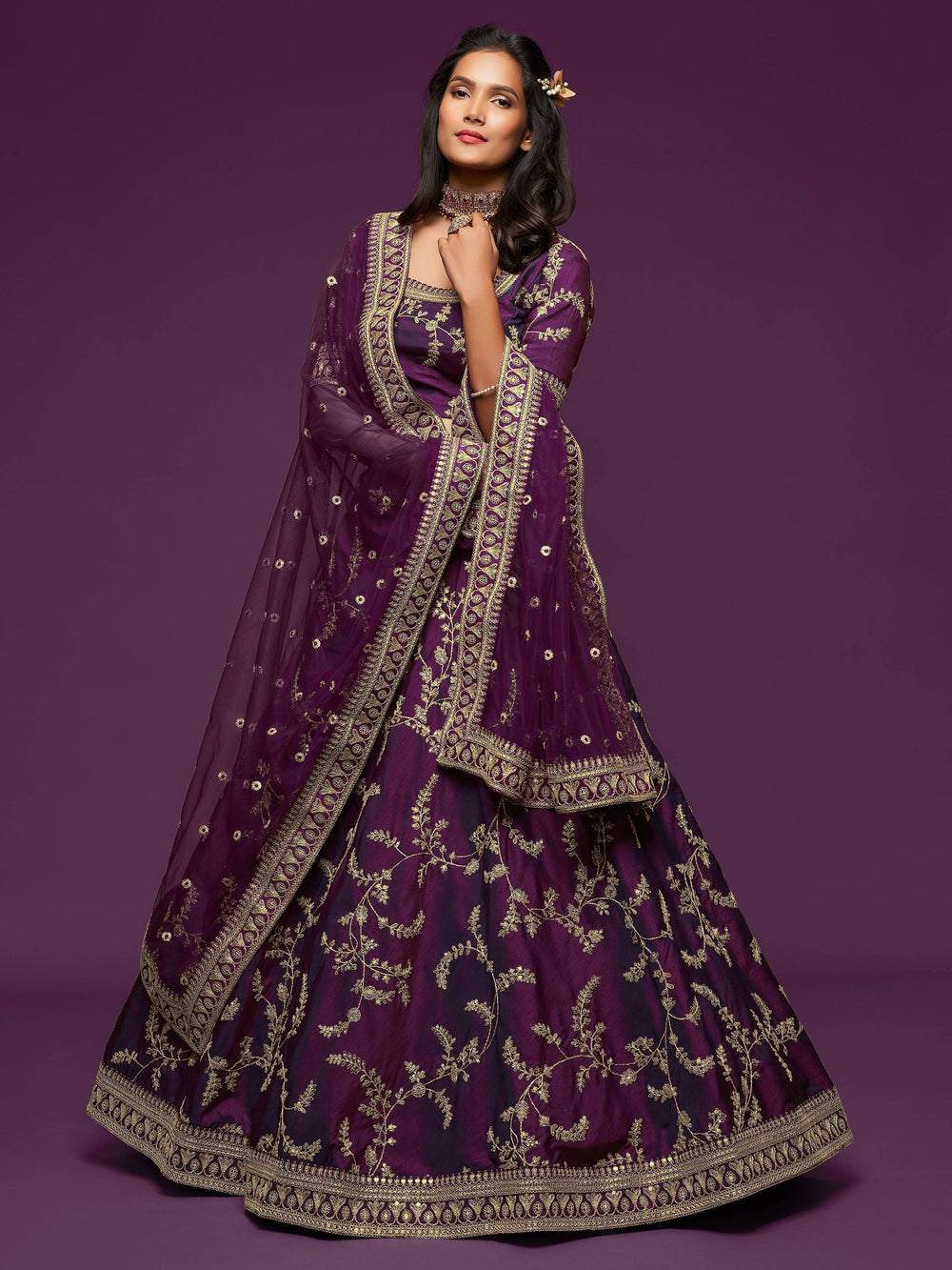 Purple Thread Embroidered Art Silk Wedding Lehenga Choli for Women