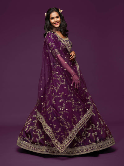 Purple Thread Embroidered Art Silk Wedding Lehenga Choli for Women