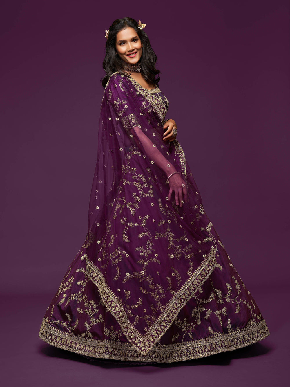 Purple Thread Embroidered Art Silk Wedding Lehenga Choli for Women