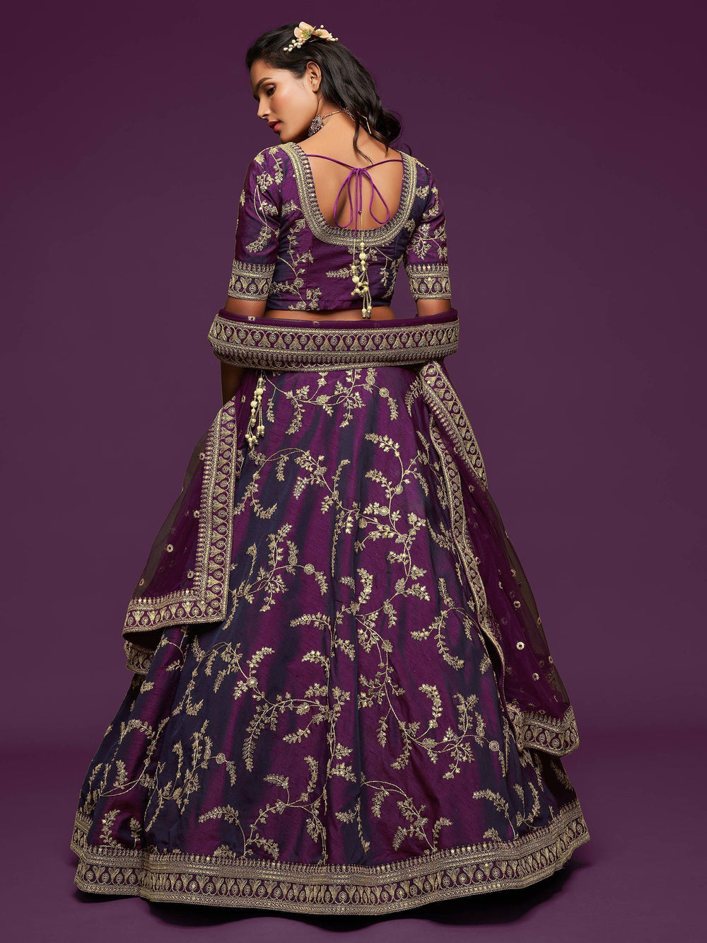 Purple Thread Embroidered Art Silk Wedding Lehenga Choli for Women