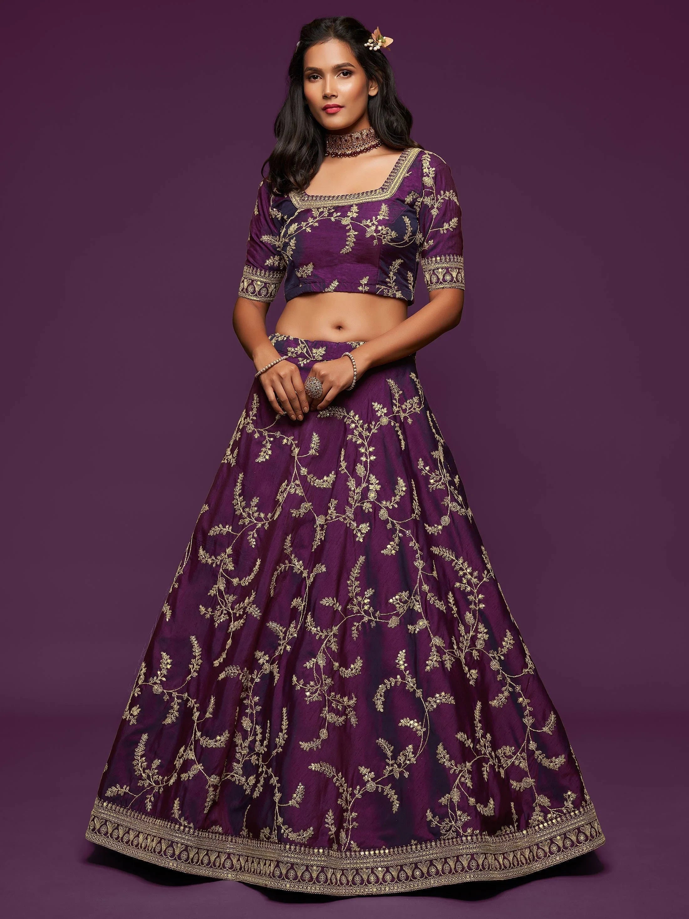 Purple Thread Embroidered Art Silk Wedding Lehenga Choli for Women