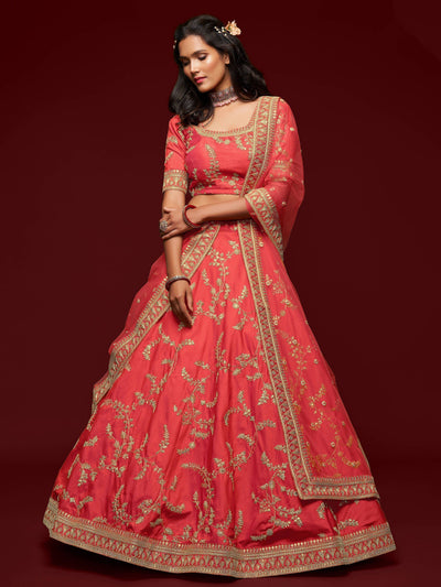 Coral Red Thread Embroidered Art Silk Wedding Lehenga Choli for Women