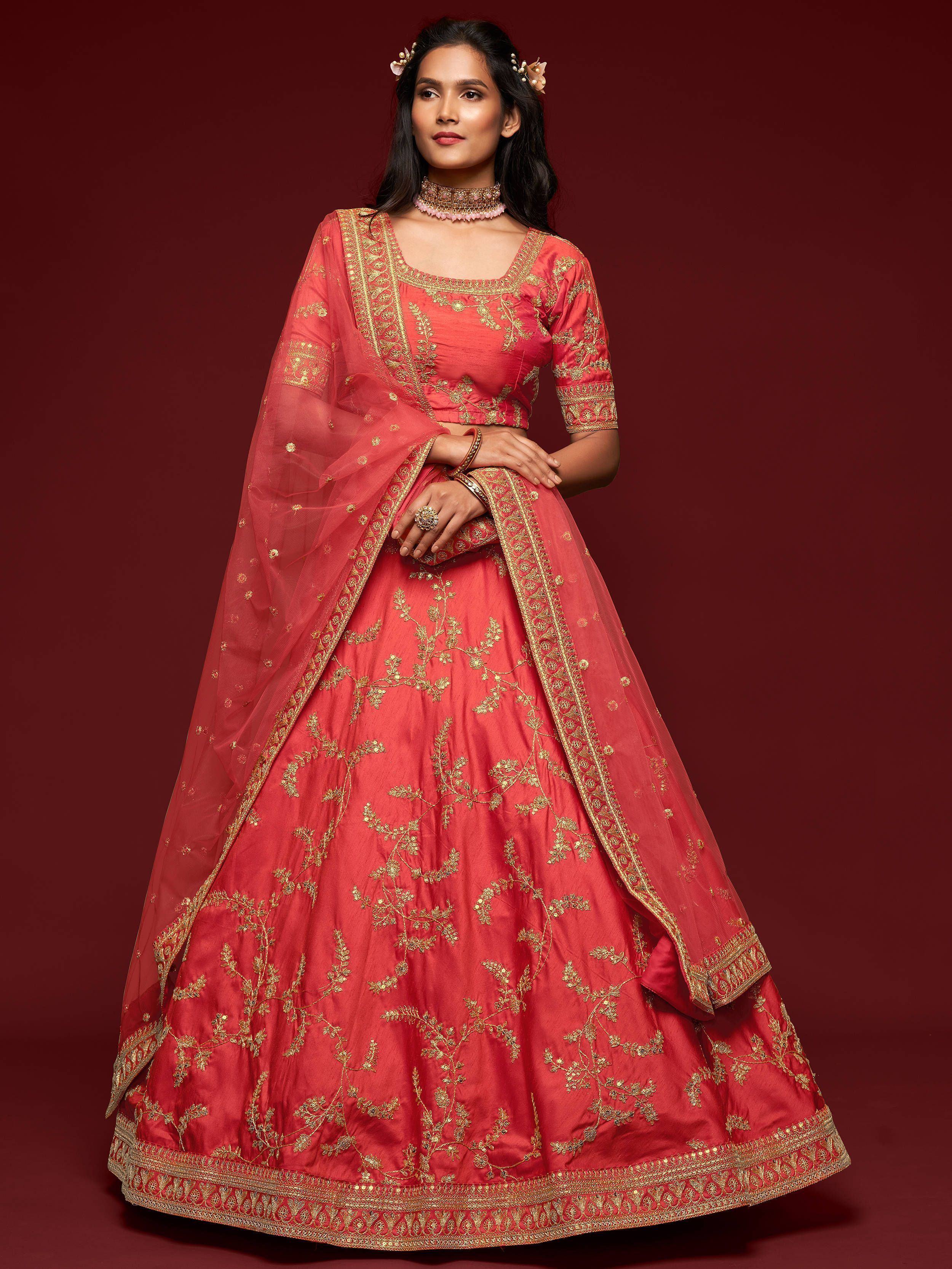 Coral Red Thread Embroidered Art Silk Wedding Lehenga Choli for Women