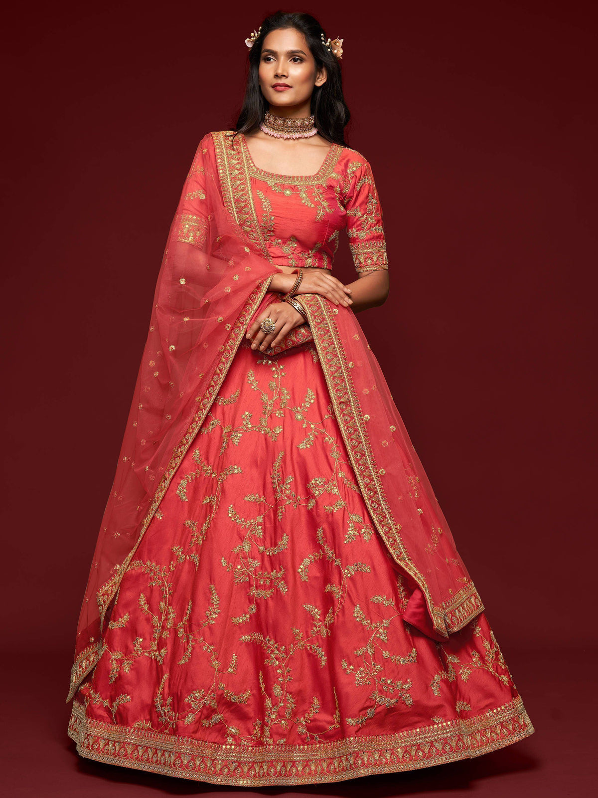 Coral Red Thread Embroidered Art Silk Wedding Lehenga Choli for Women