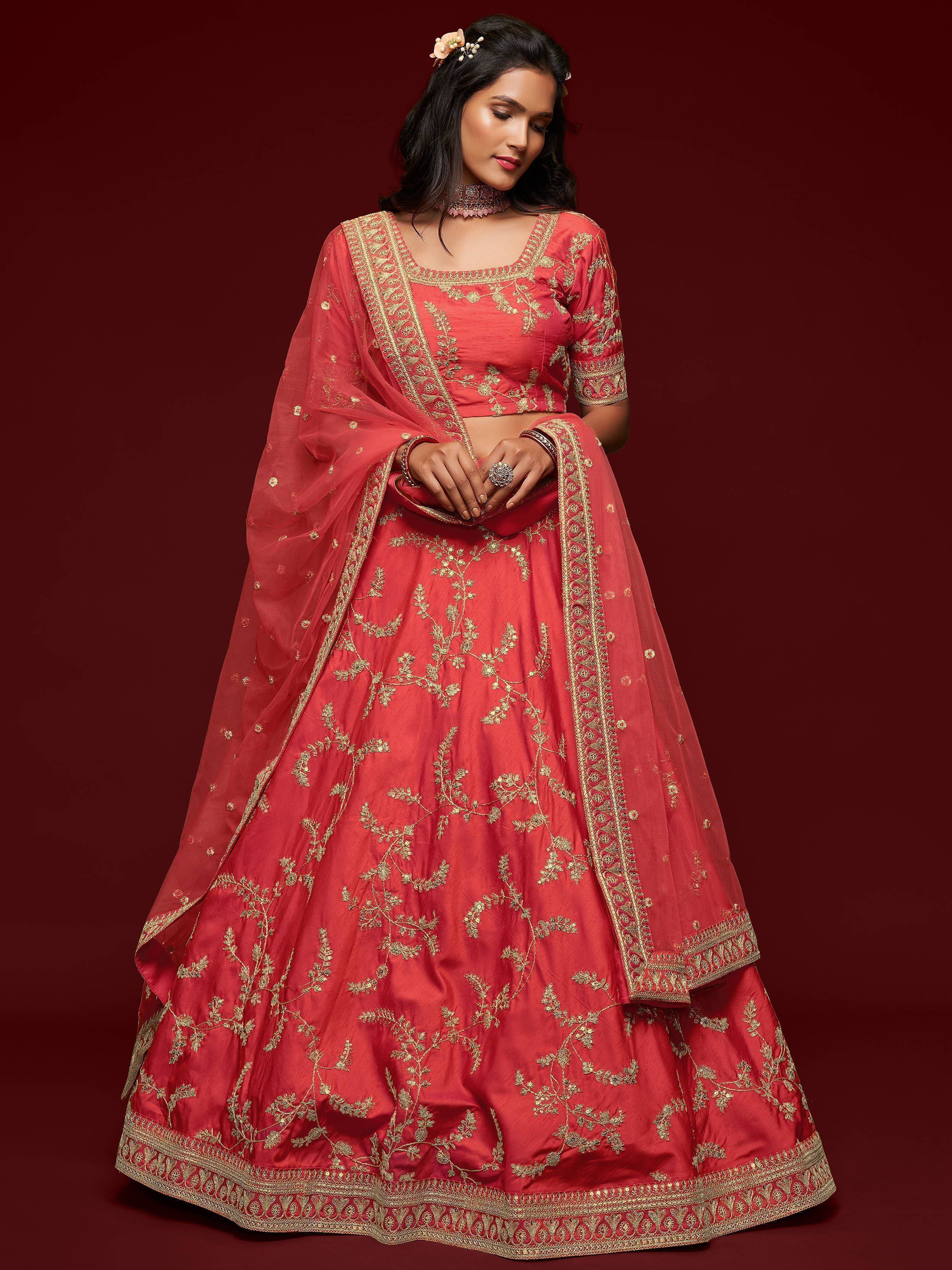 Coral Red Thread Embroidered Art Silk Wedding Lehenga Choli for Women