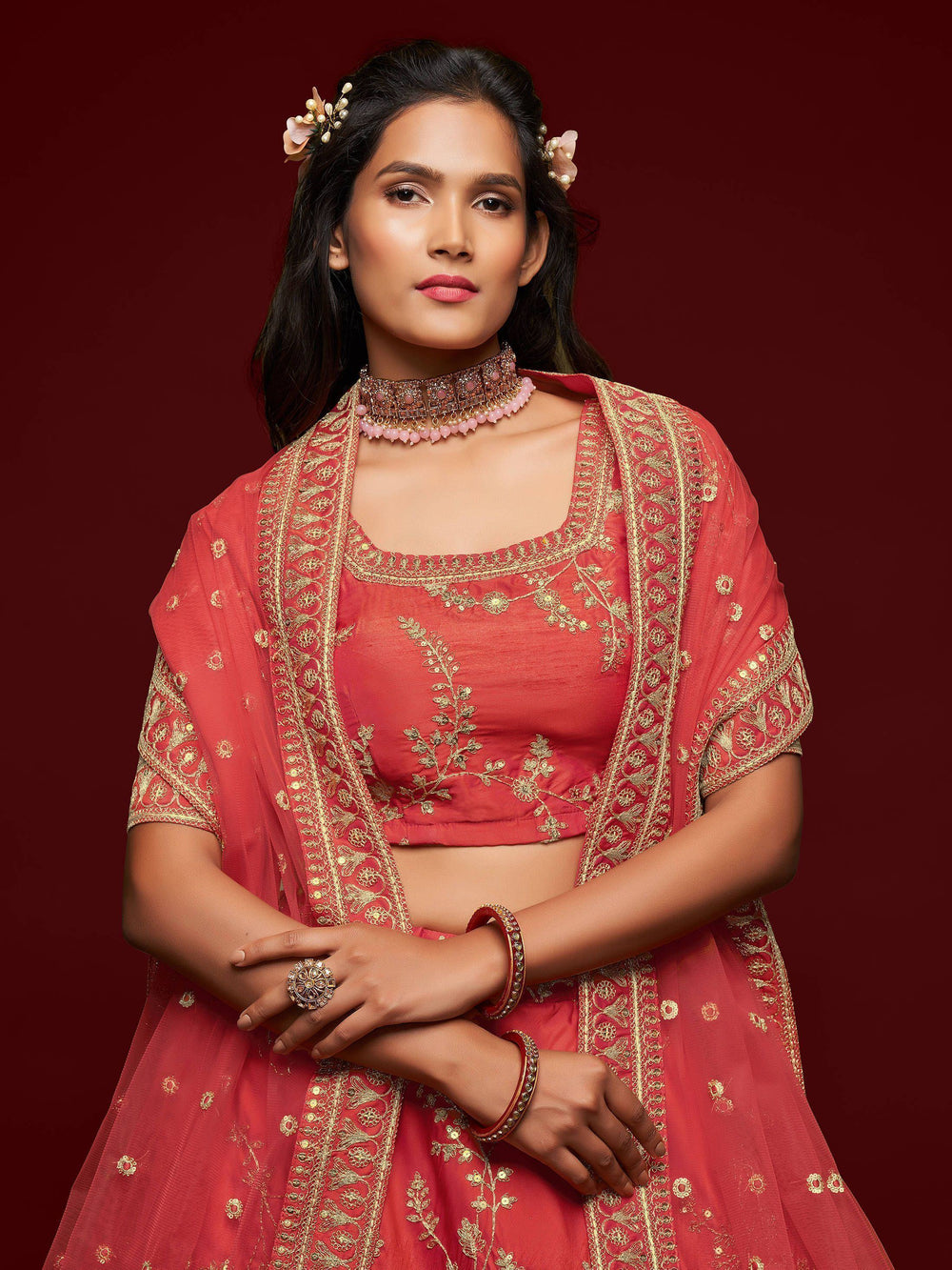 Coral Red Thread Embroidered Art Silk Wedding Lehenga Choli for Women