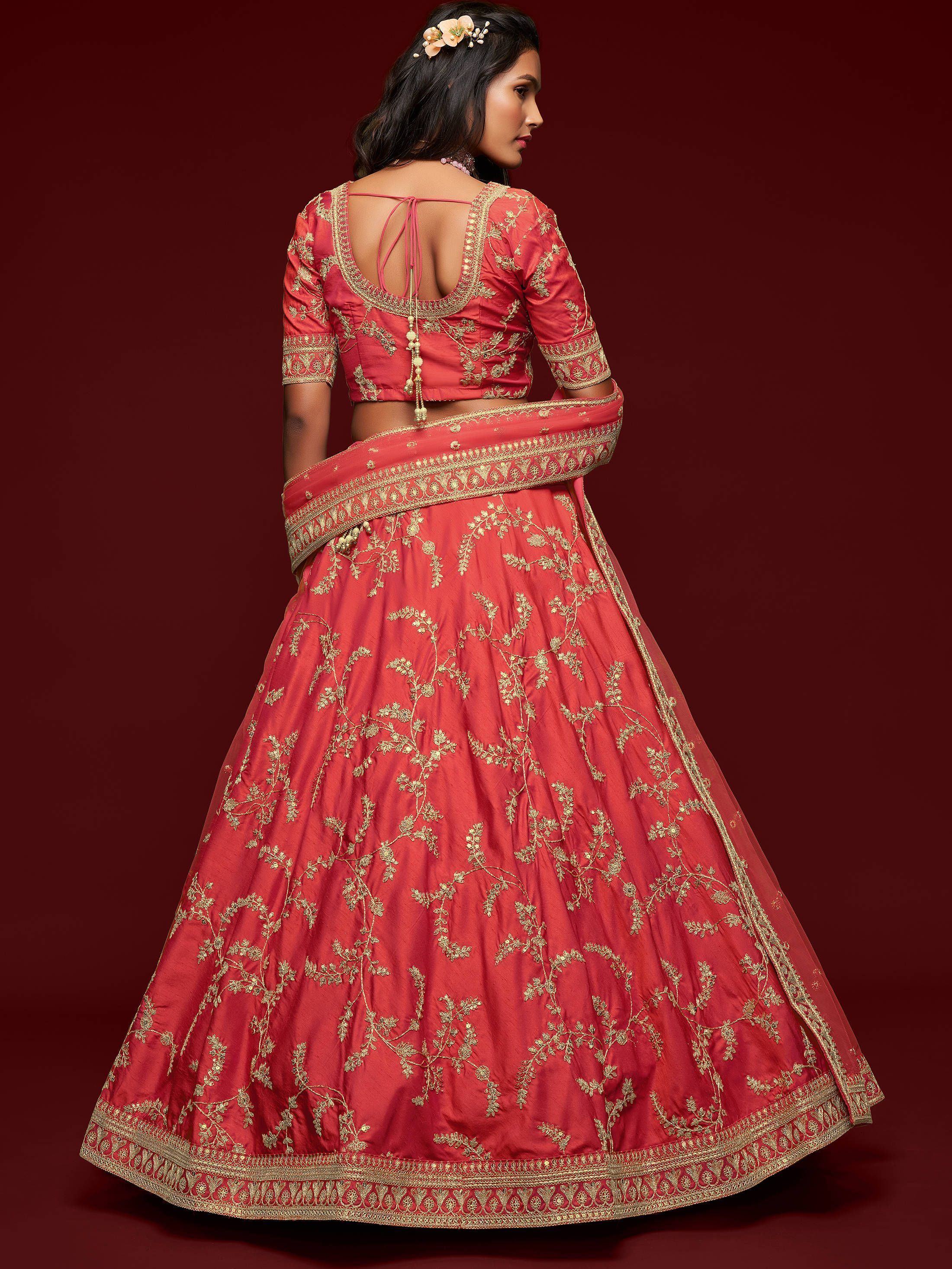 Coral Red Thread Embroidered Art Silk Wedding Lehenga Choli for Women