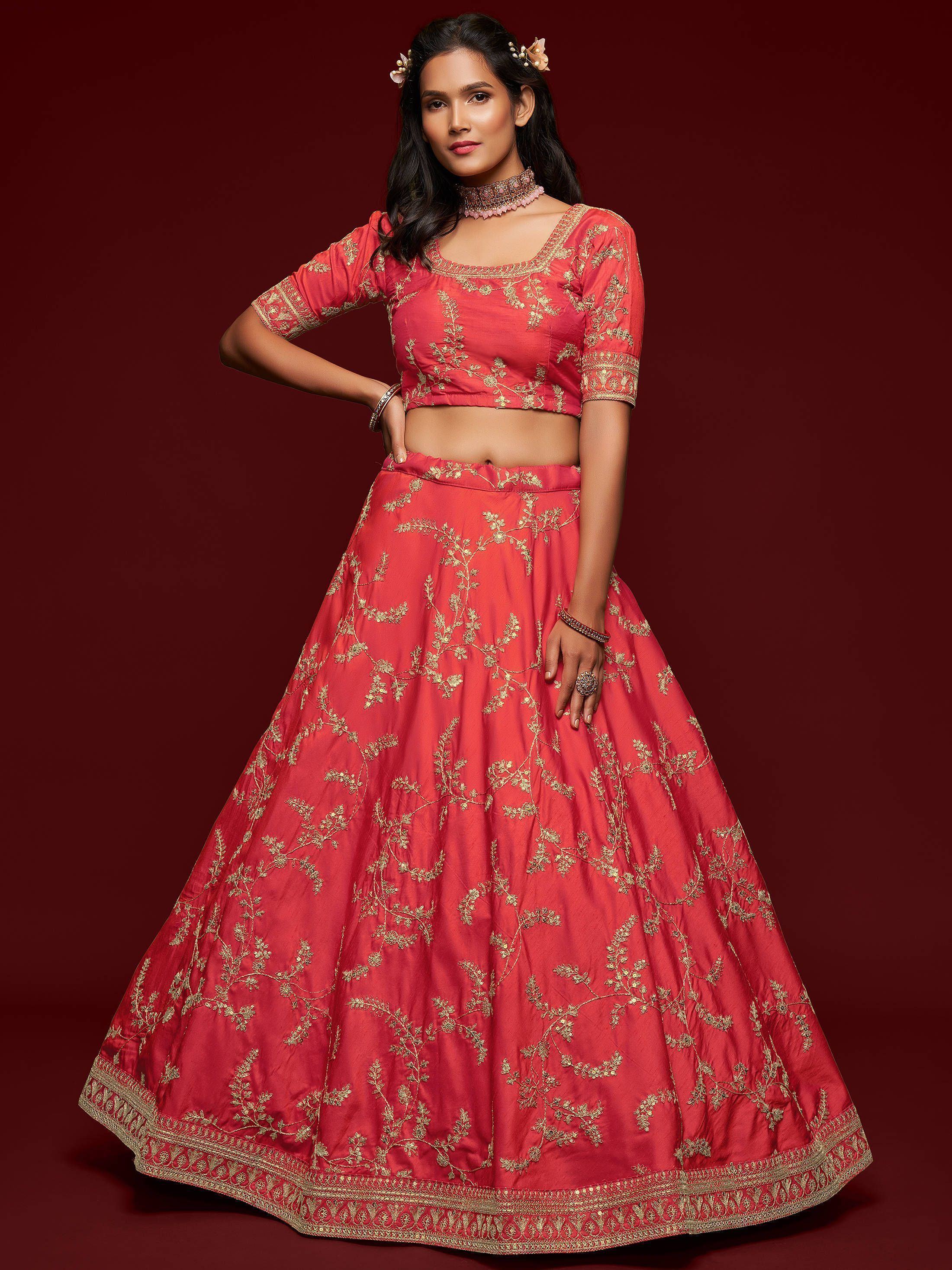 Coral Red Thread Embroidered Art Silk Wedding Lehenga Choli for Women