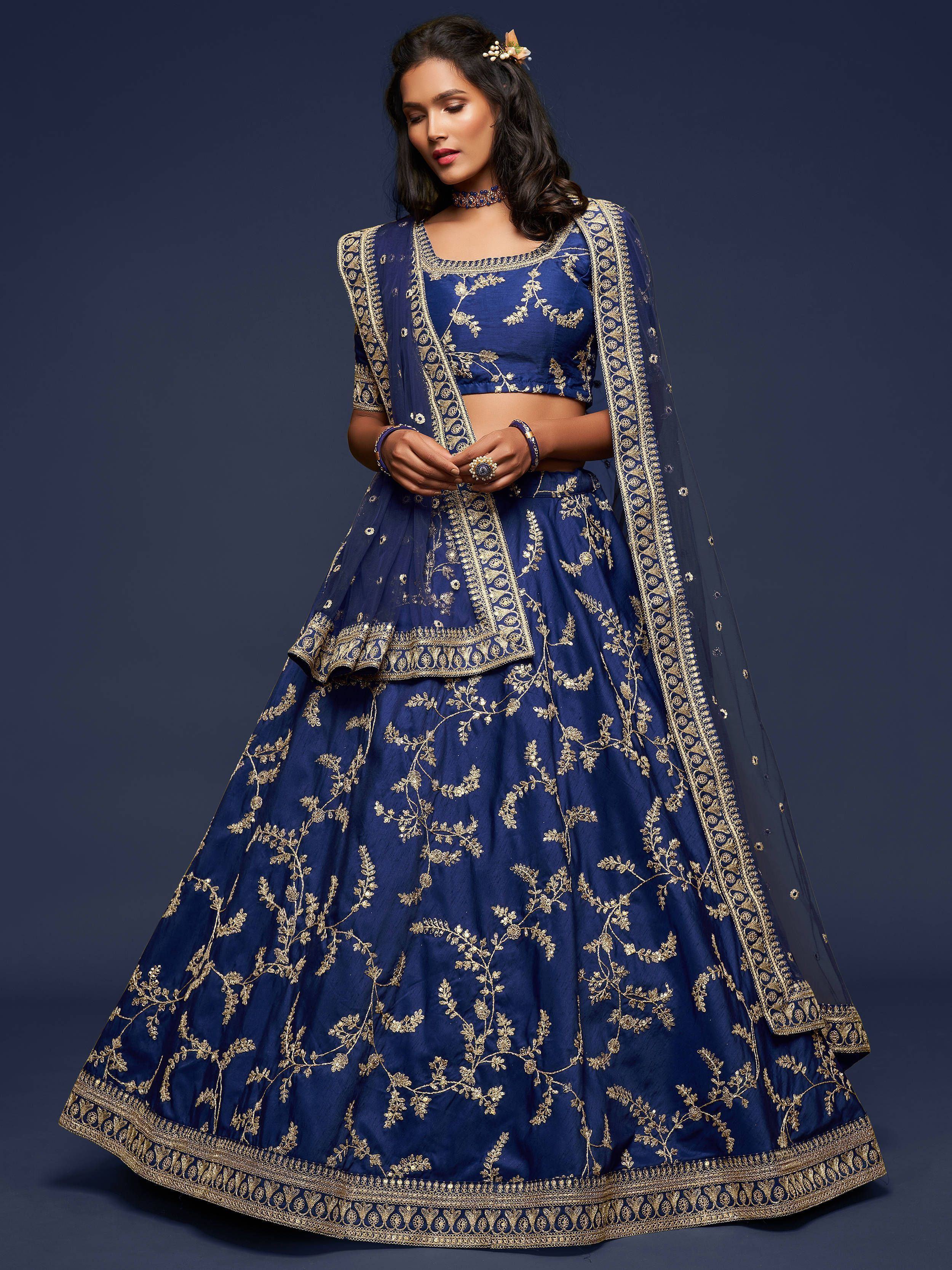 Blue Thread Embroidered Art Silk Wedding Lehenga Choli for Women